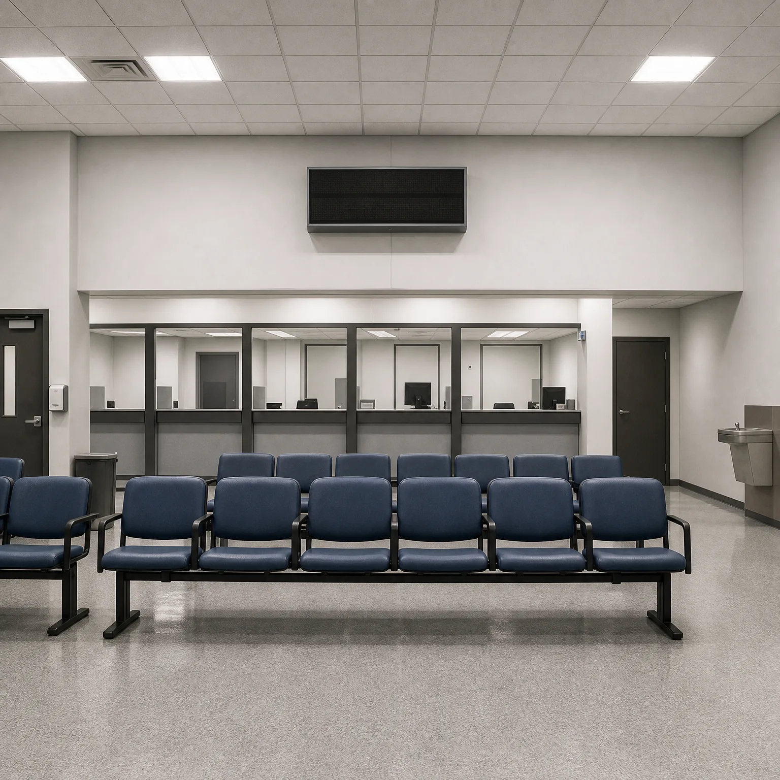 Empty indoor waiting area with rows of blue upholstered beam seating facing a row of glass service windows, a drop ceiling with recessed lights, a dark blank wall-mounted display, doors on both sides, and a drinking fountain at right.