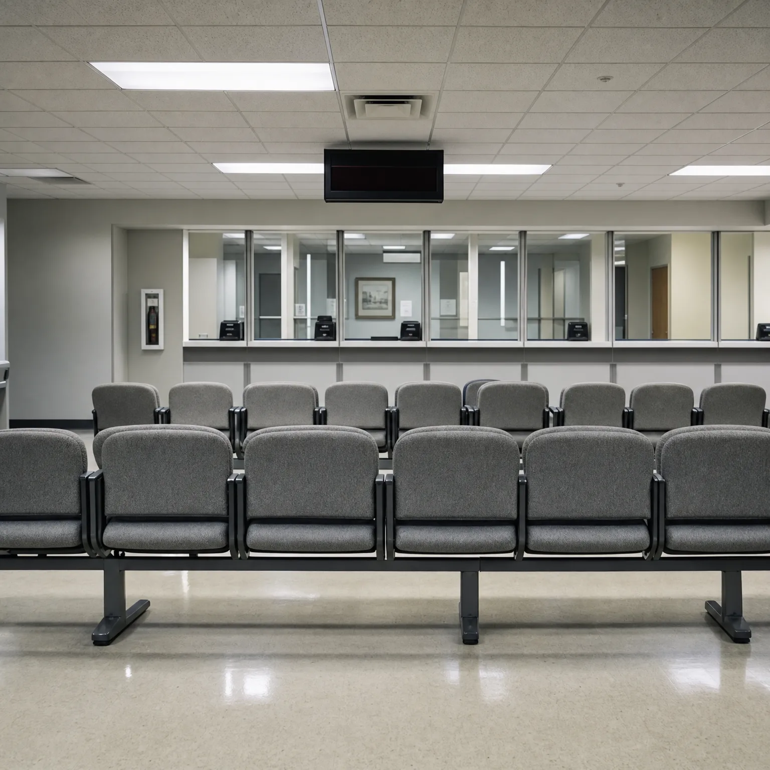 Empty waiting room with rows of gray upholstered beam-mounted chairs facing a glass-partitioned service counter, under a suspended acoustic tile ceiling with fluorescent panel lights, a ceiling vent, and a dark overhead display screen.