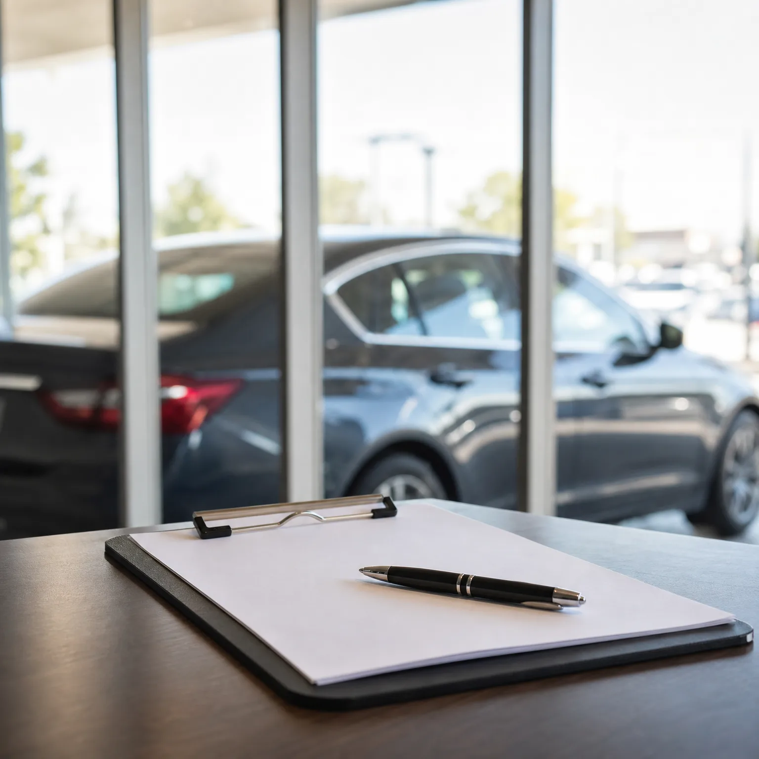 A clipboard with blank white paper and a black pen rests on a dark table in front of a window showing a blurred dark car parked outside.
