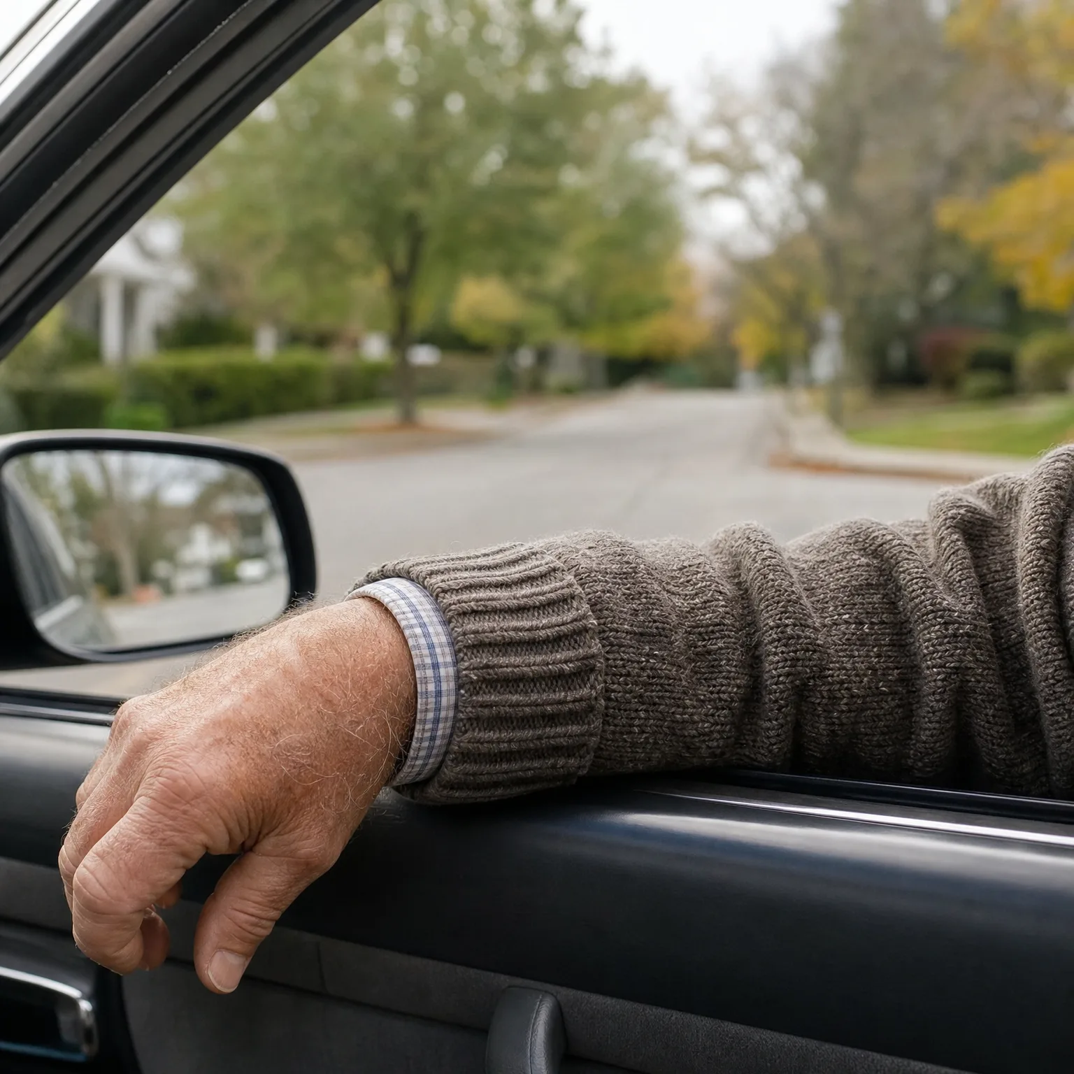 A person's arm in a brown knit sweater with a checked shirt cuff rests on an open car window frame, with a side mirror and a blurred tree-lined street in the background.