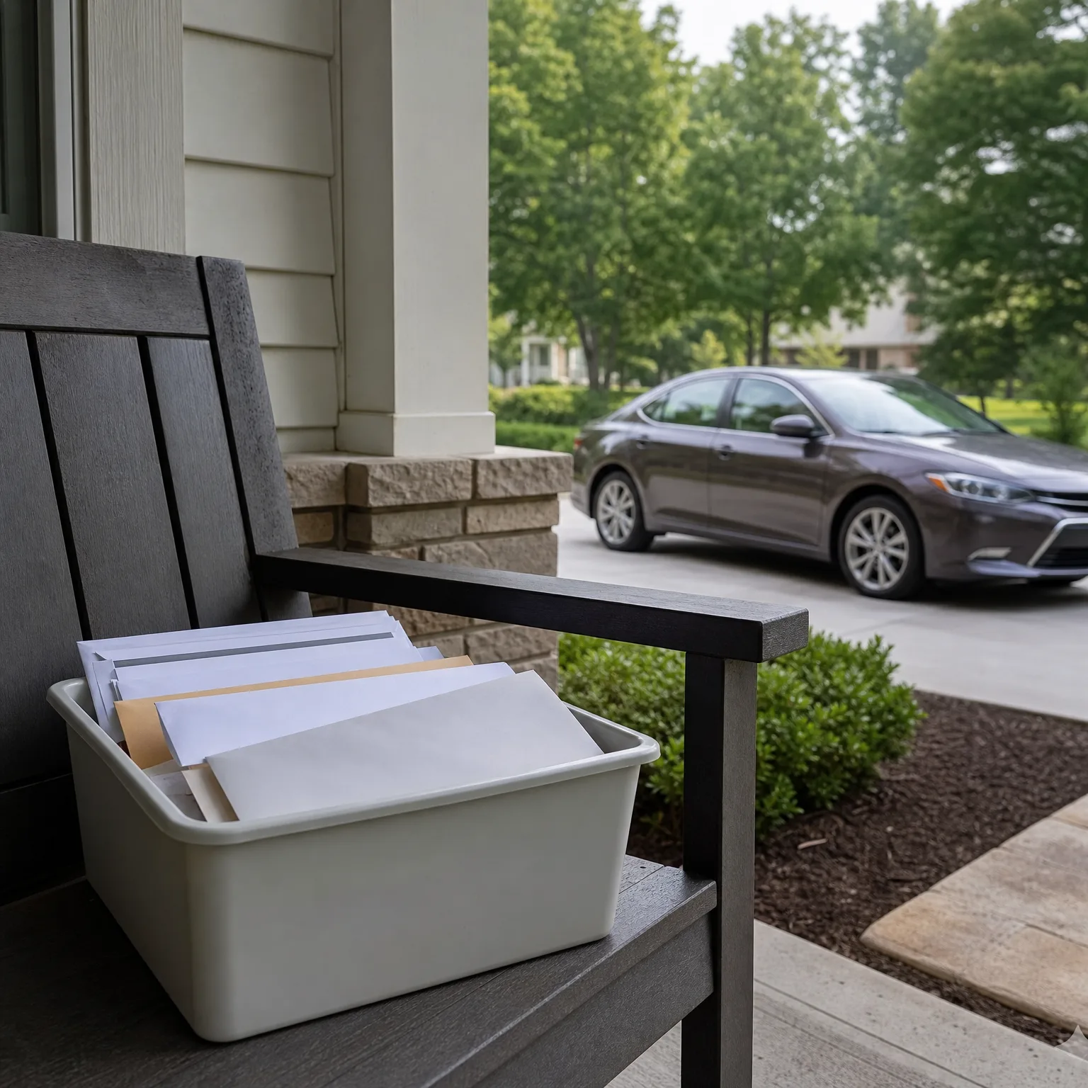 A white plastic bin filled with envelopes and mailers sits on a dark wooden bench on a covered porch, with a gray sedan parked on a driveway and green trees in the background.