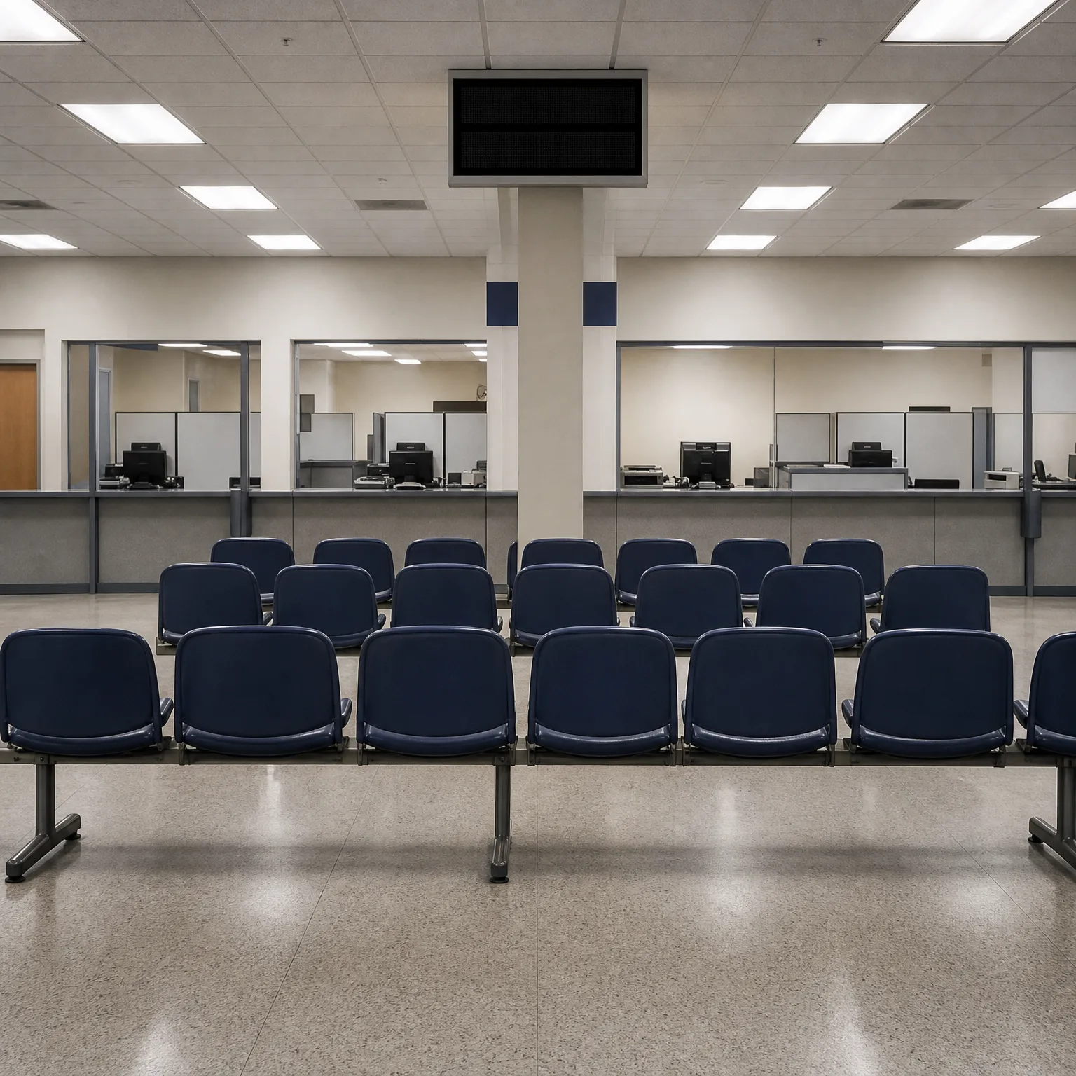 Empty waiting area with rows of blue beam-mounted chairs facing a service counter with glass partitions, under a suspended ceiling with fluorescent lights and a blank overhead display.