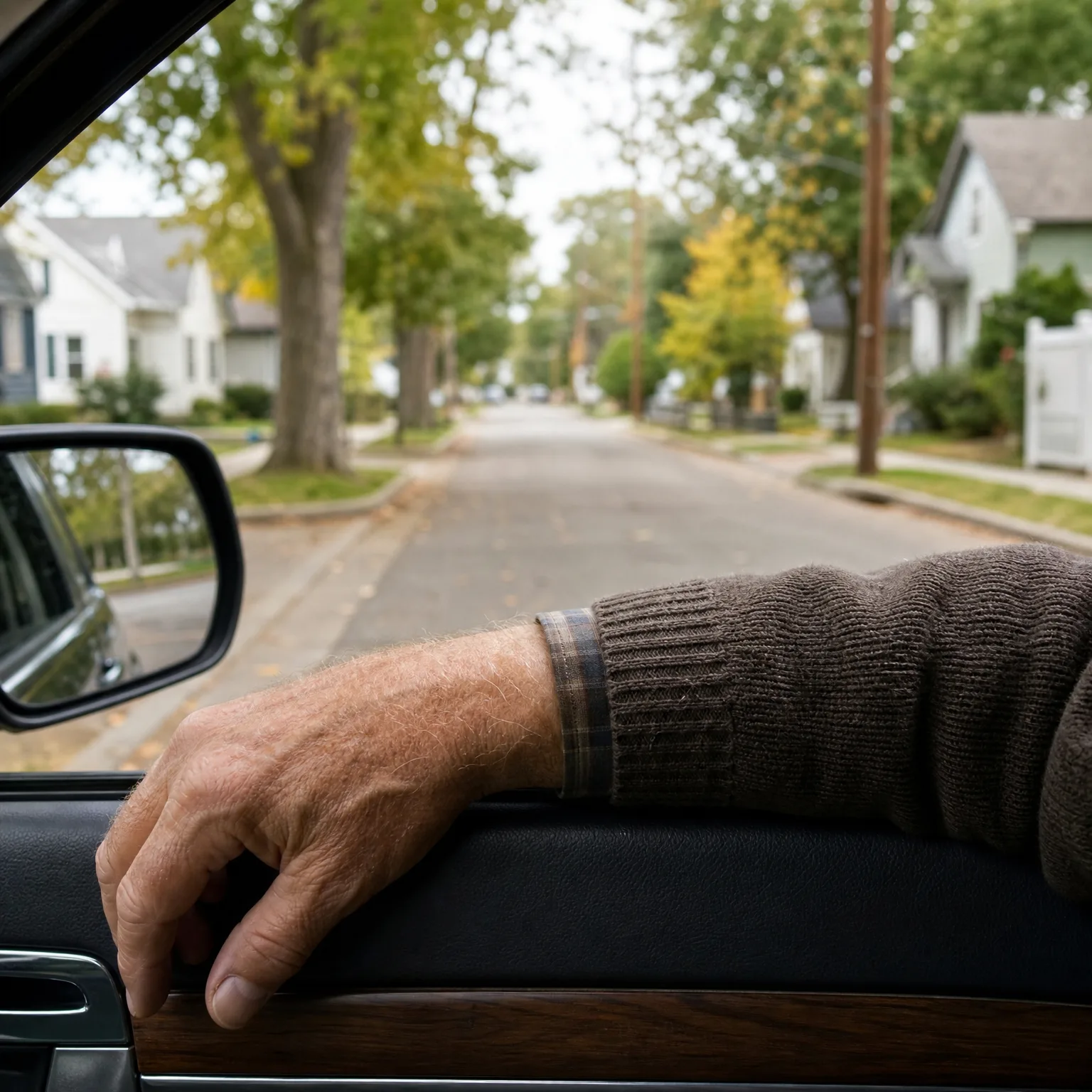 View from inside a car of a person's arm in a brown knit sweater resting on the open window sill, with a tree-lined residential street and houses ahead.