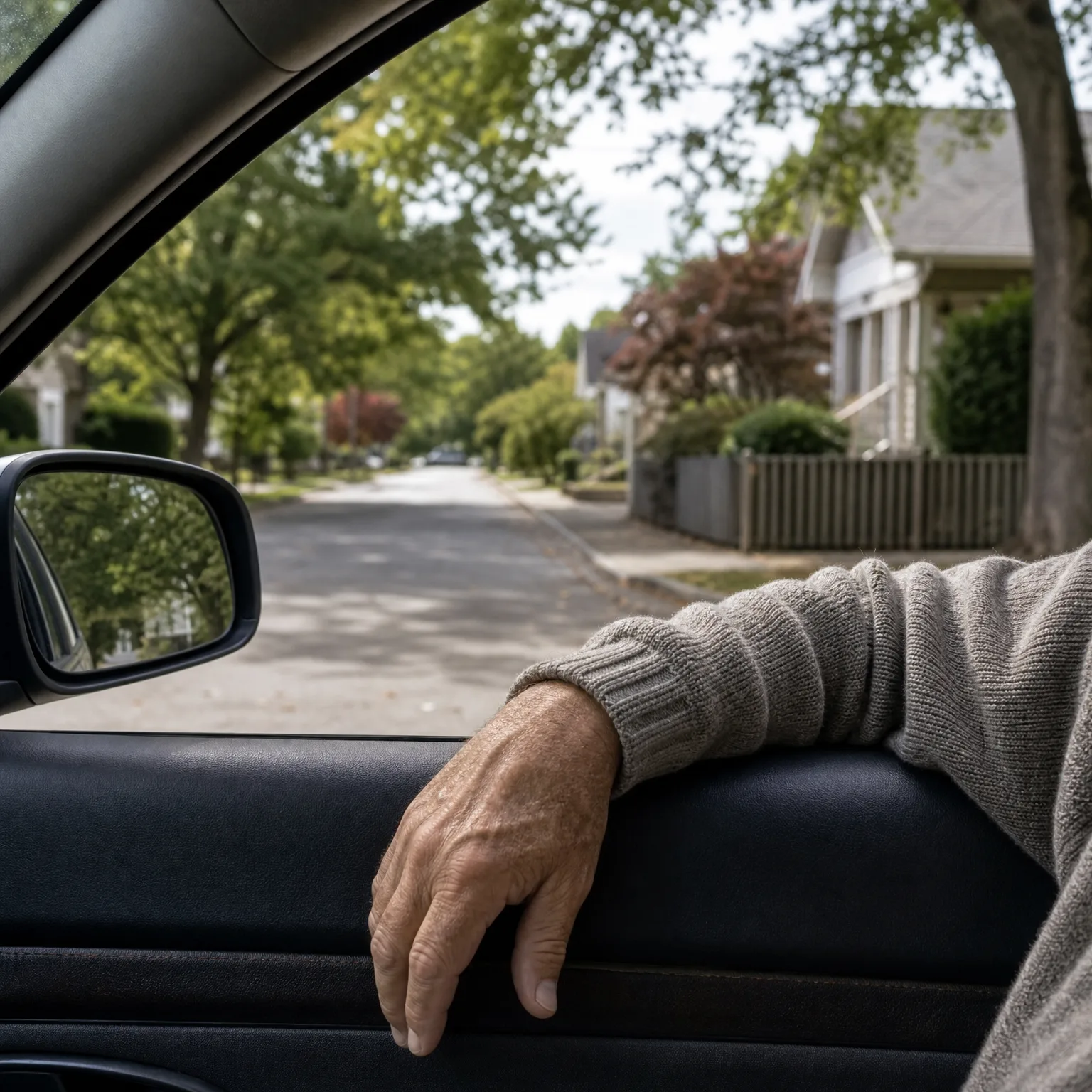 View from inside a parked car of a person's arm in a grey knit sweater resting on the door sill, with a side mirror, a tree-lined residential street and a house with a wooden fence beyond.
