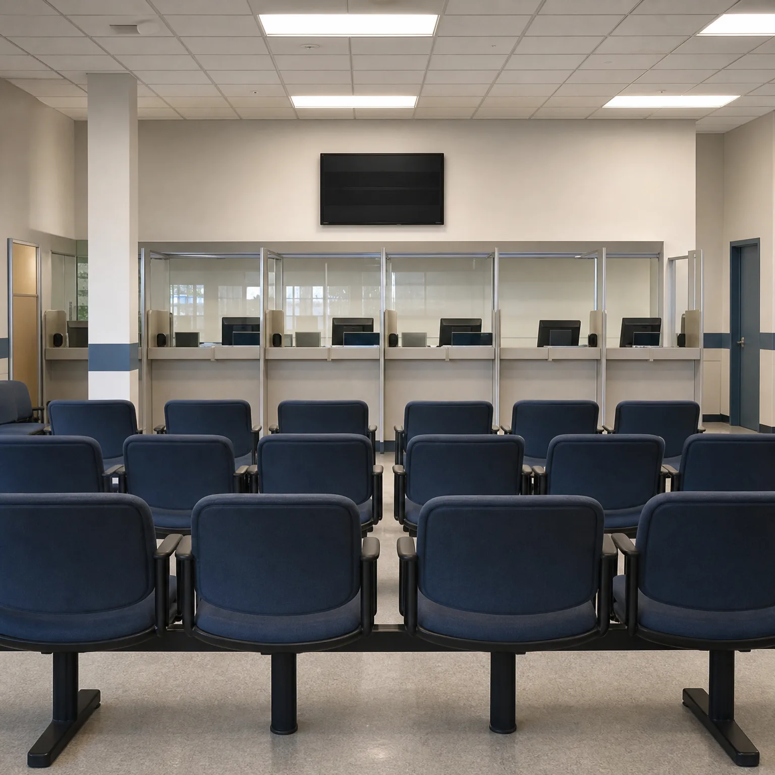 Empty waiting area with rows of dark blue beam-mounted chairs facing a row of glass-partitioned service counters with monitors, a wall-mounted flat screen above, and a suspended ceiling with recessed lights.