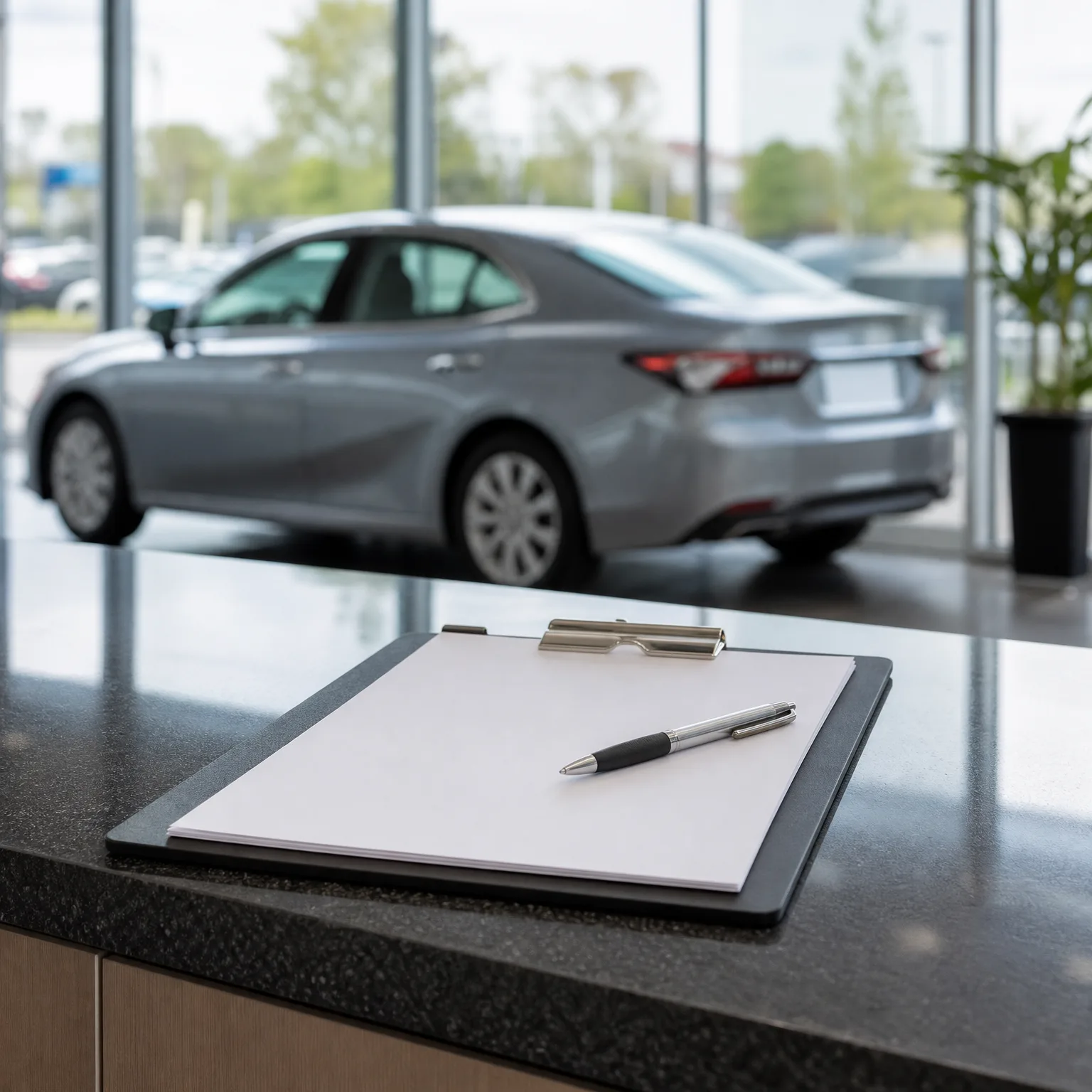 A clipboard with a blank sheet of paper and a silver pen rests on a dark speckled counter, with a silver sedan parked behind a glass wall in the blurred background.