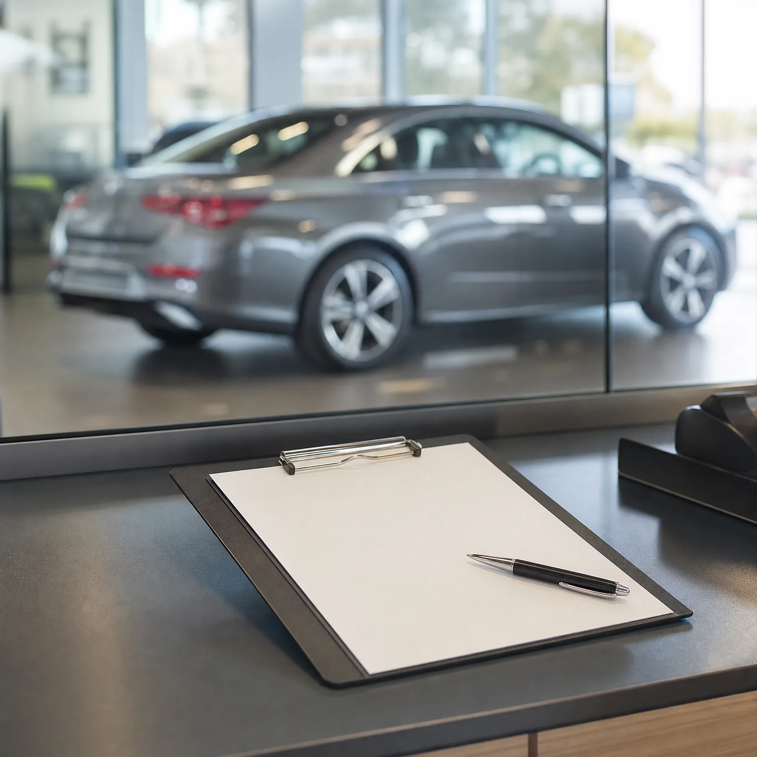 A clipboard with a blank sheet of paper and a black pen rests on a dark counter, with a gray sedan parked behind a large glass window in the blurred background.