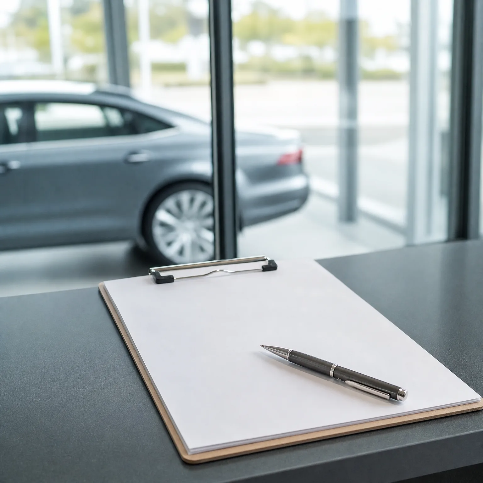 A clipboard with blank white paper and a dark ballpoint pen rests on a dark gray countertop, with a blurred gray car behind a glass wall in the background.