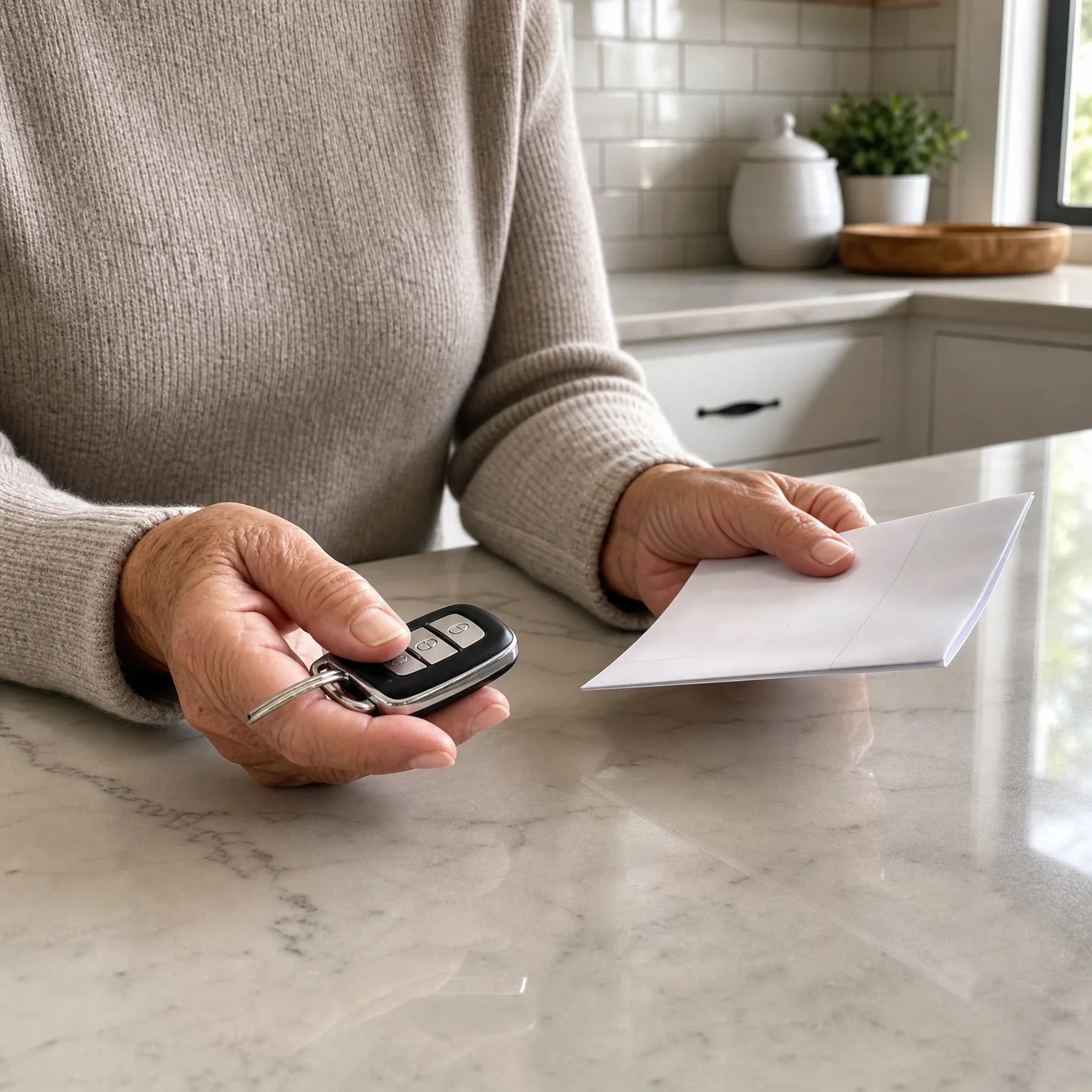 A person in a beige knit sweater rests both hands on a marble countertop, holding a black car key fob in one hand and a white envelope in the other, with a white kitchen and potted plant behind.