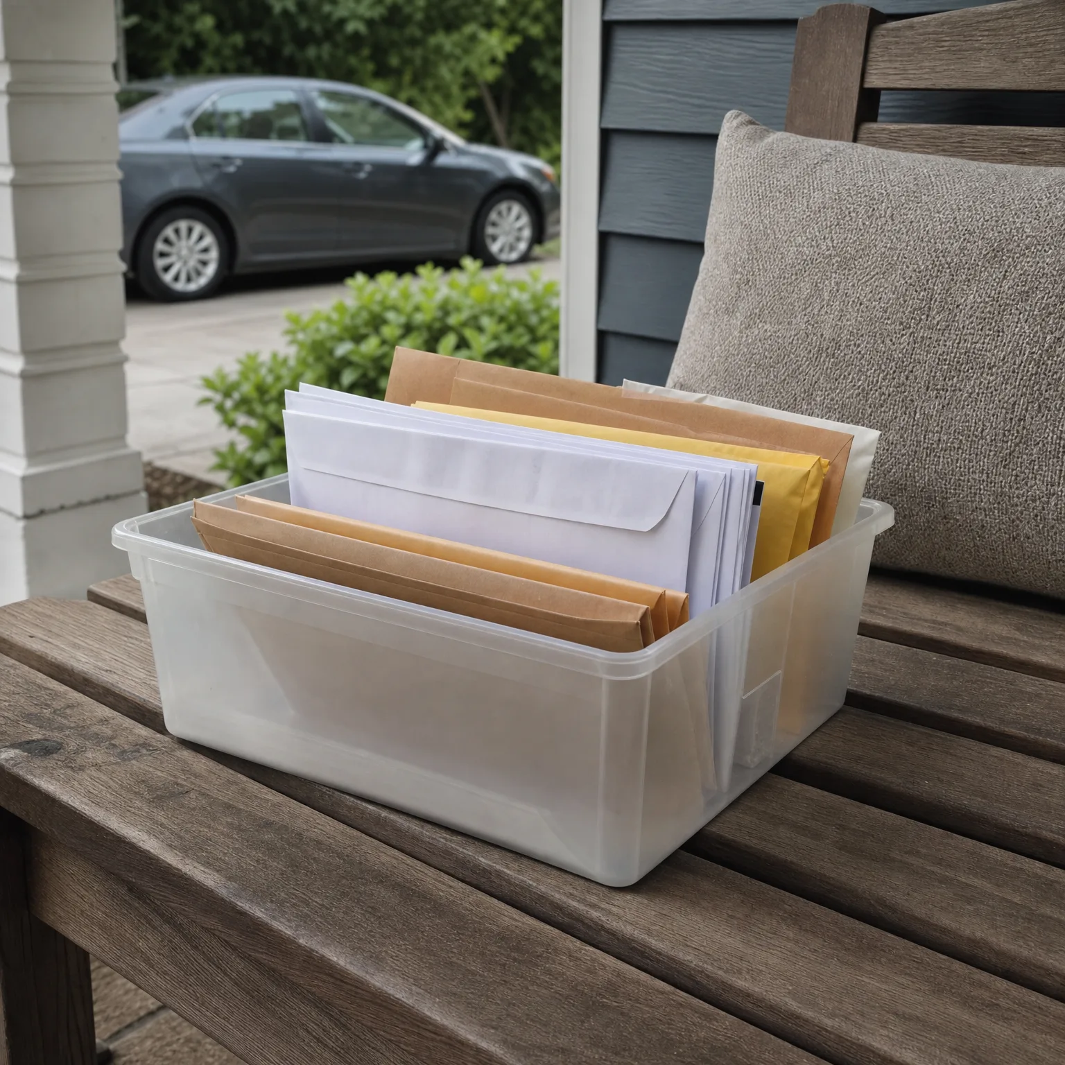 A clear plastic bin holding white and manila envelopes sits on a weathered wooden bench beside a cushion, with a dark car and shrubs visible in the background.