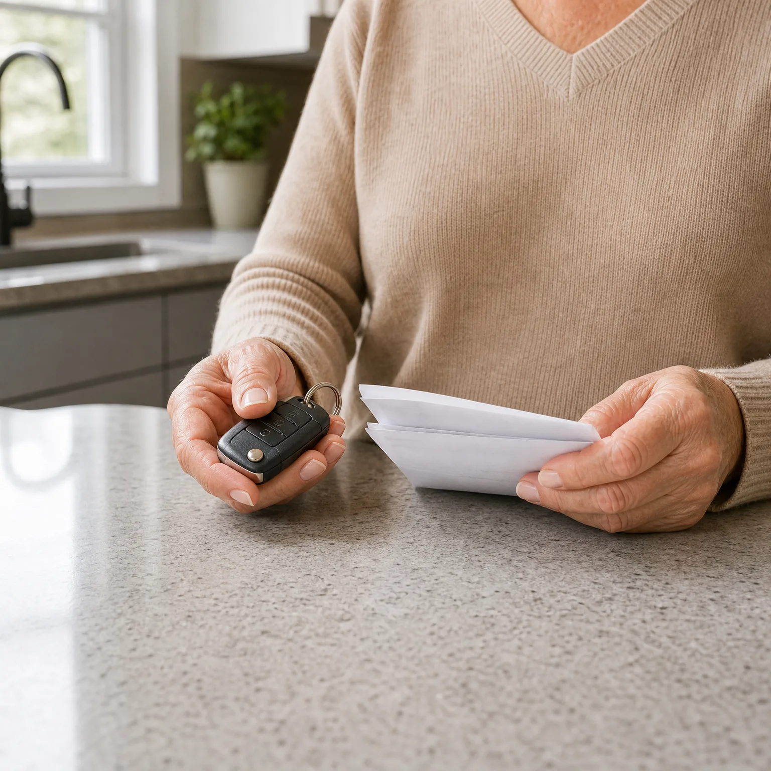 A person in a beige sweater sits at a speckled stone kitchen counter, holding a black flip car key in one hand and folded white papers in the other, with a sink and window behind.