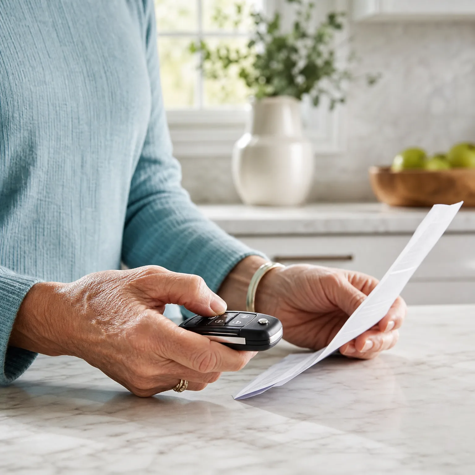Close-up of an older person's hands at a marble kitchen counter, holding a black flip-style car key fob in one hand and a white printed document in the other.