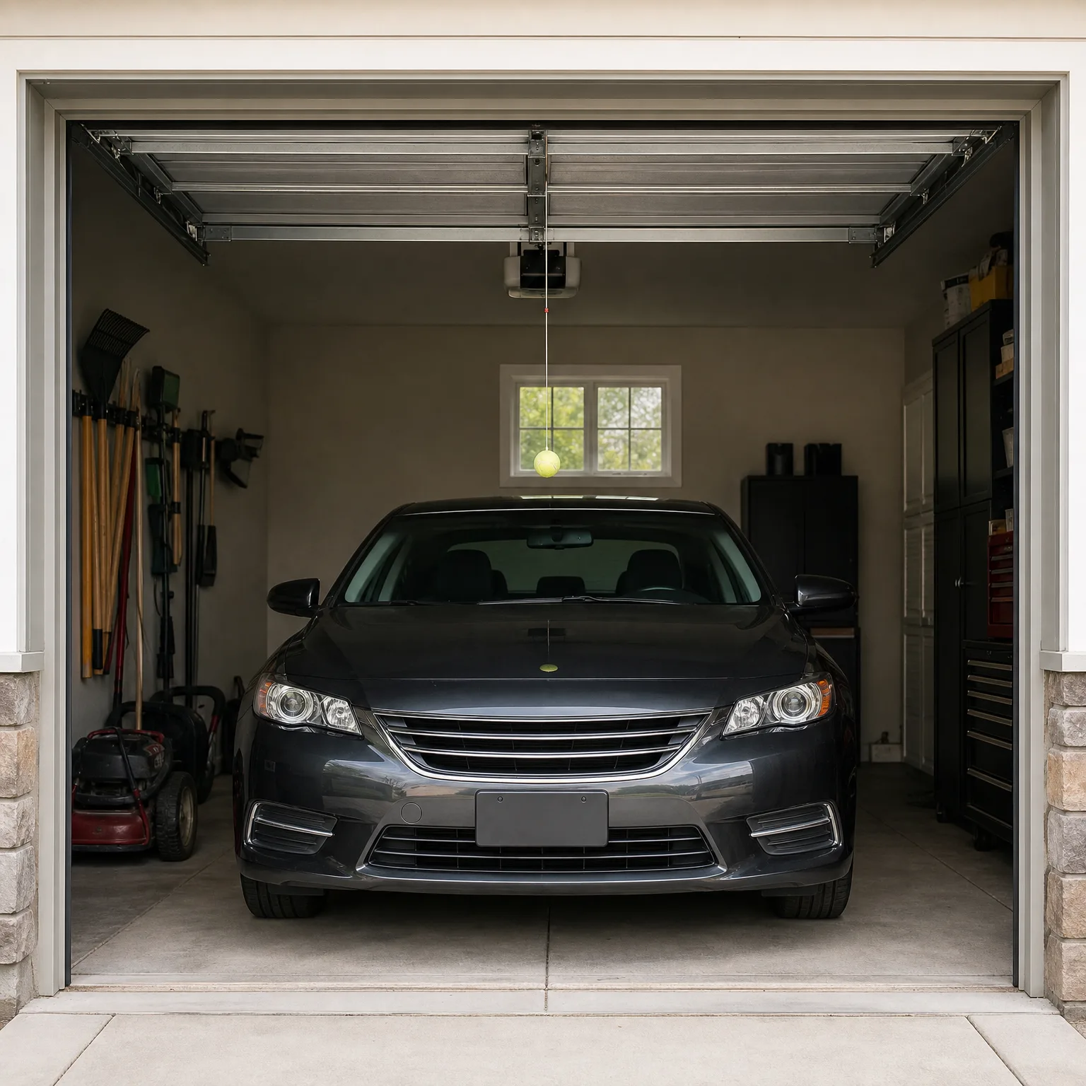 A dark gray sedan parked inside a garage with an open sectional door, a ceiling-mounted opener with a tennis ball hanging on a string, yard tools and a lawn mower along the left wall, and black storage cabinets on the right.