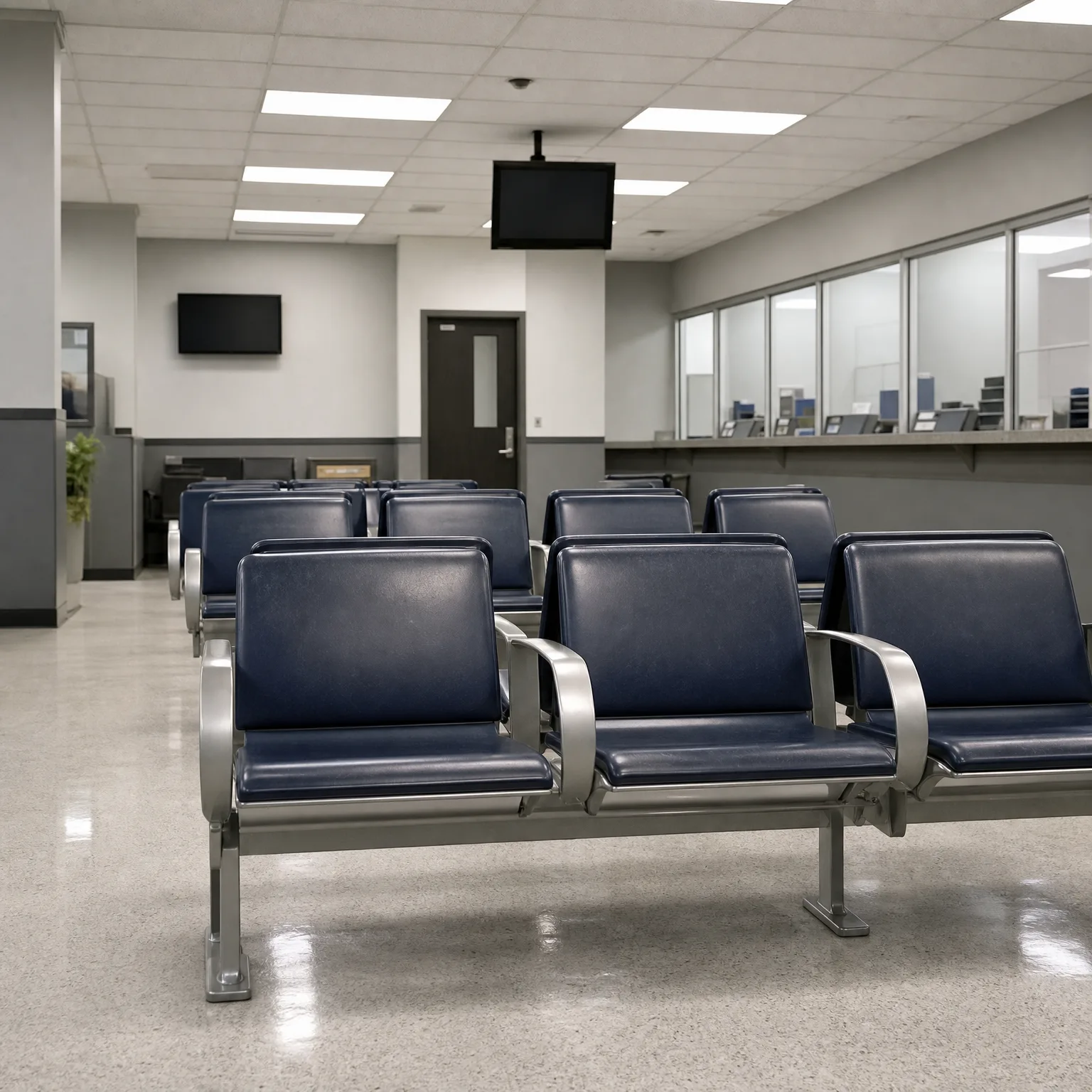 Empty waiting area with rows of navy vinyl chairs on metal frames, polished terrazzo floor, ceiling-mounted monitors, a dark door, and a service counter with glass windows.
