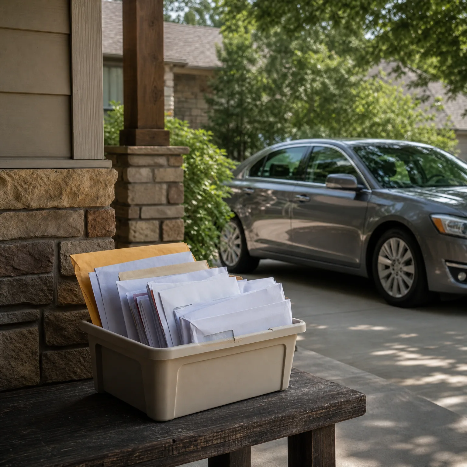A white plastic bin filled with envelopes and a padded mailer sits on a weathered wooden bench beside a stone porch column, with a gray sedan parked on a concrete driveway and green trees in the background.