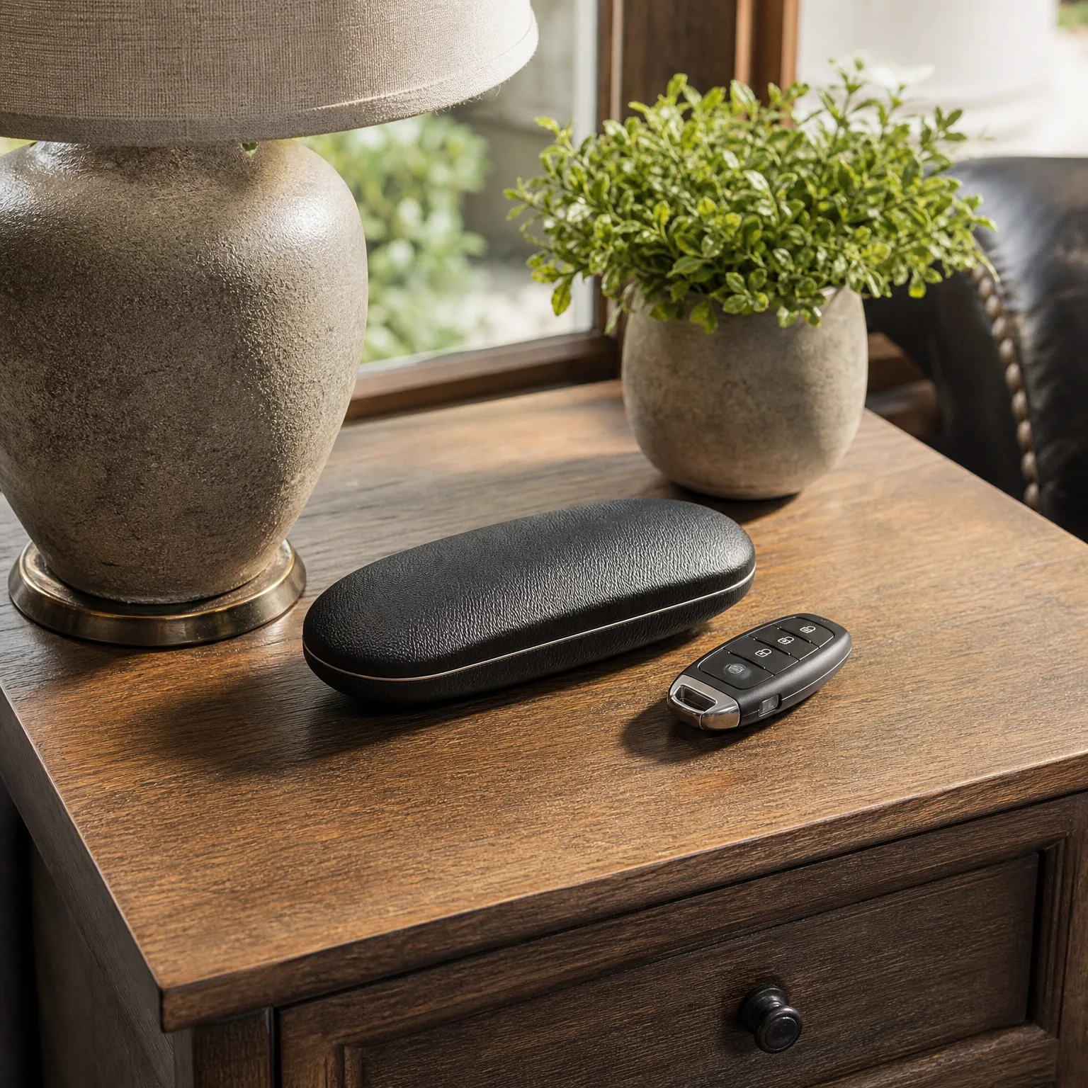 A black hard-shell eyeglass case and a black multi-button car key fob rest on a wooden nightstand beside a ceramic lamp base and a potted green plant near a window.