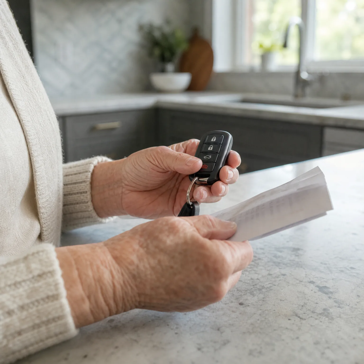 Close-up of an older person in a cream knit sweater holding a black four-button car key fob in one hand and a folded printed document in the other, at a light stone countertop in a kitchen.