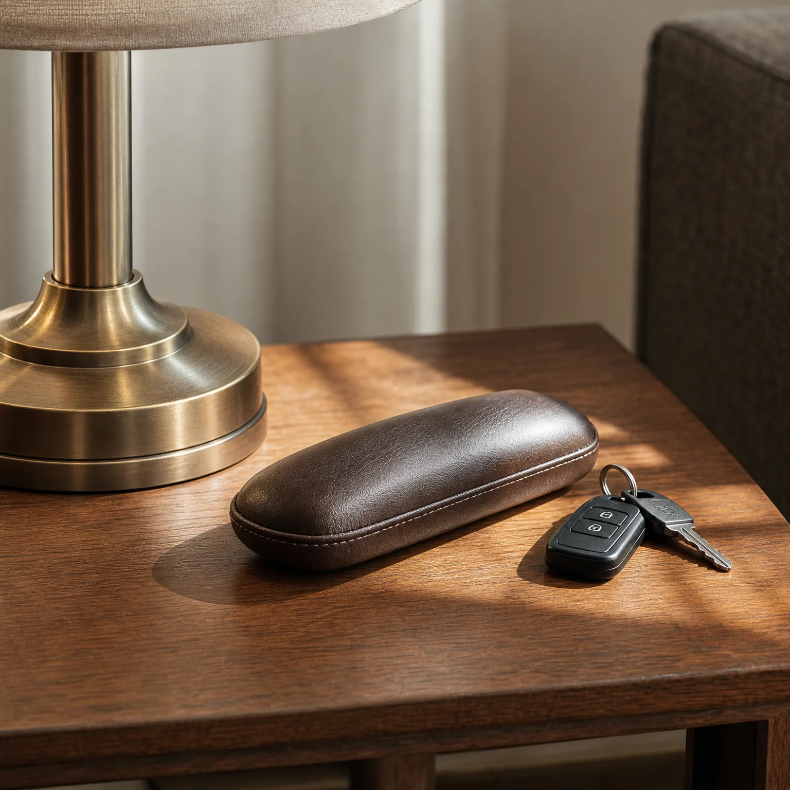 A brown leather eyeglass case and a black key fob with two keys rest on a wooden side table beside a brass lamp base in sunlight.