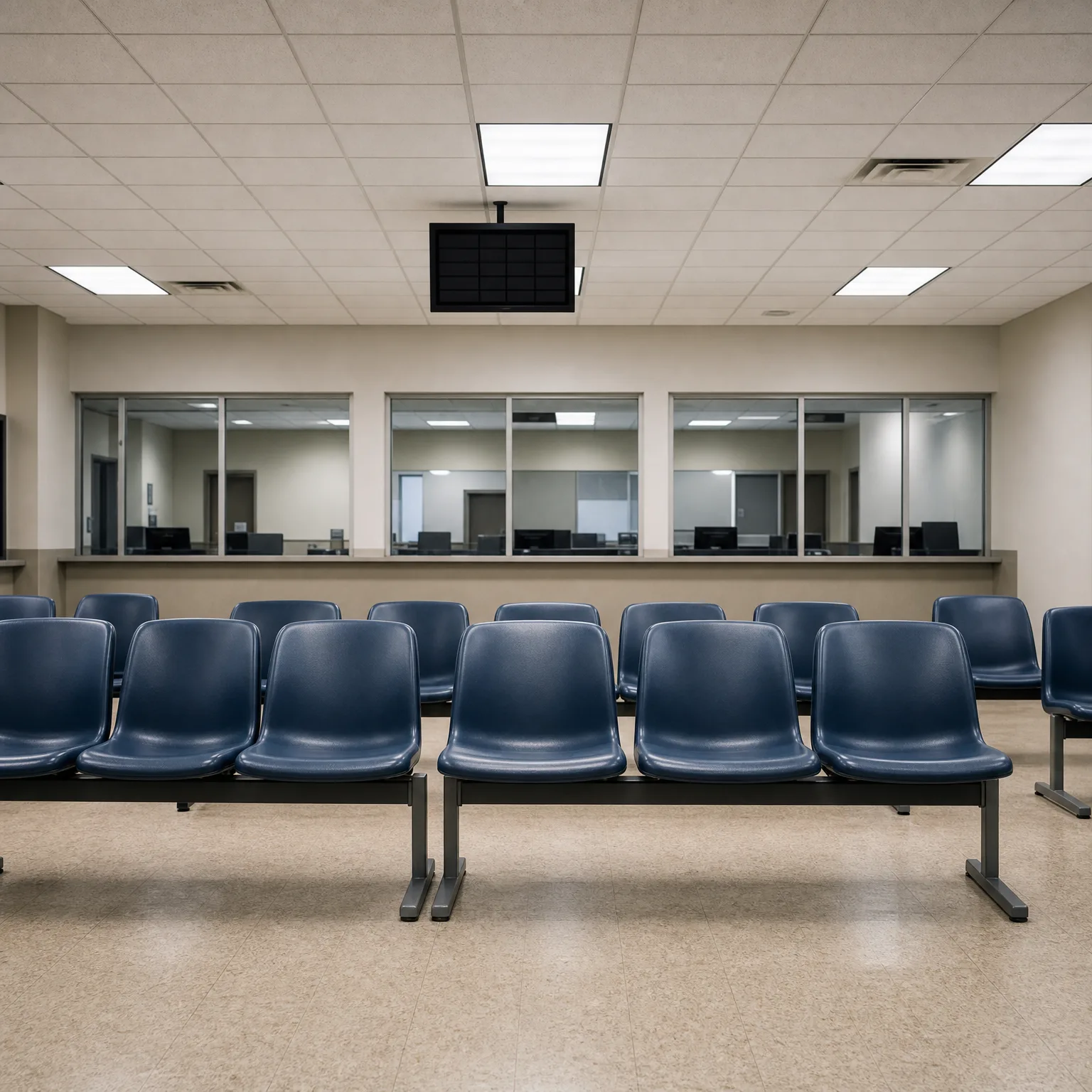 Empty waiting room with rows of blue molded beam-mounted chairs facing a service counter with glass windows, under a suspended acoustic tile ceiling with recessed lights and a ceiling-mounted flat monitor.