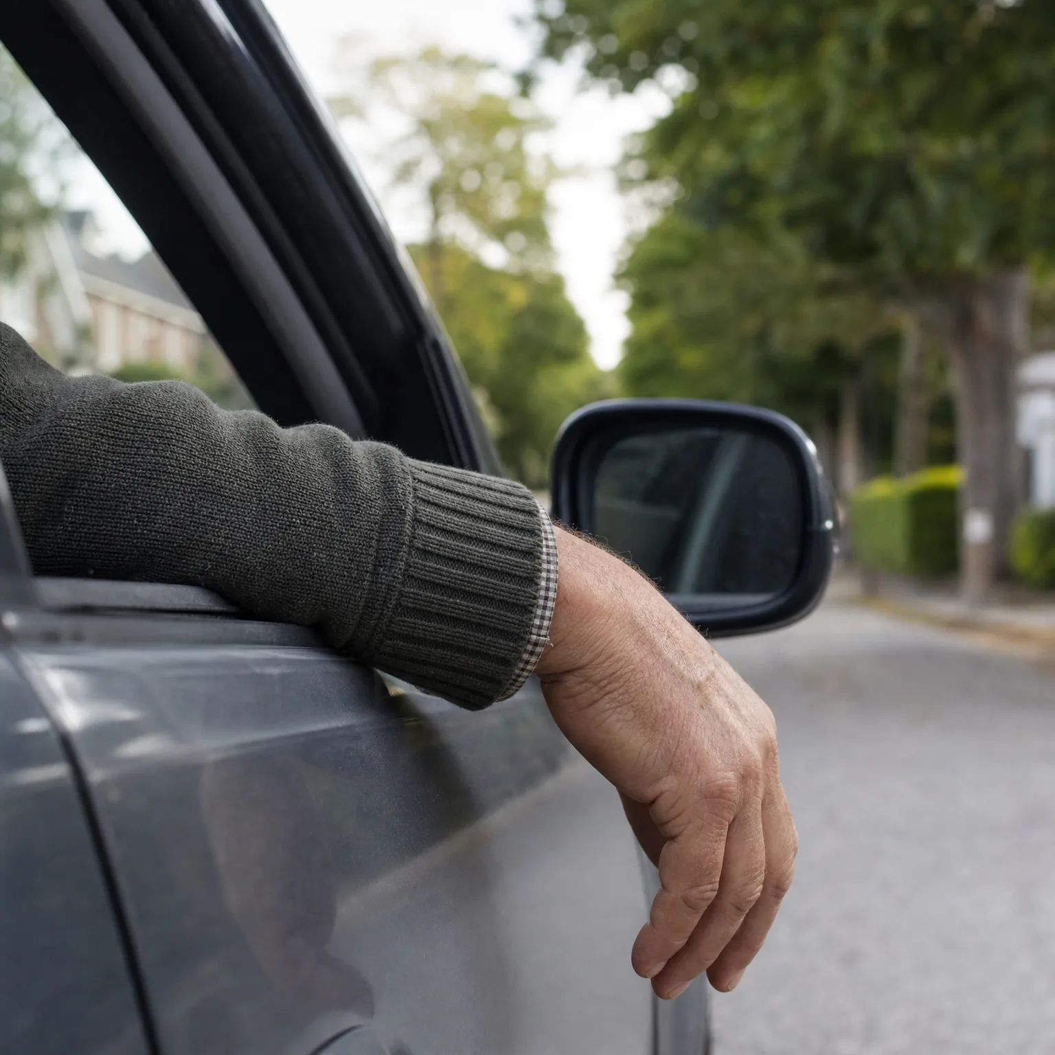 A person's arm in a dark knit sweater rests out of an open car window beside the side mirror, with a tree-lined street blurred in the background.