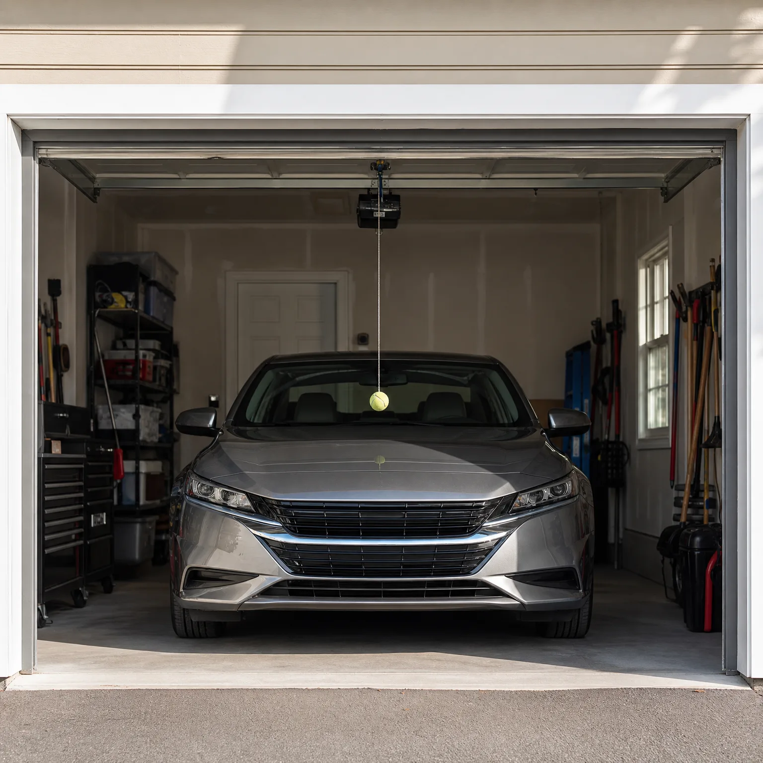 A silver sedan parked inside an open single-car garage, with a tennis ball hanging on a string from the ceiling opener, storage shelves and a tool chest on the left and long-handled tools on the right wall.