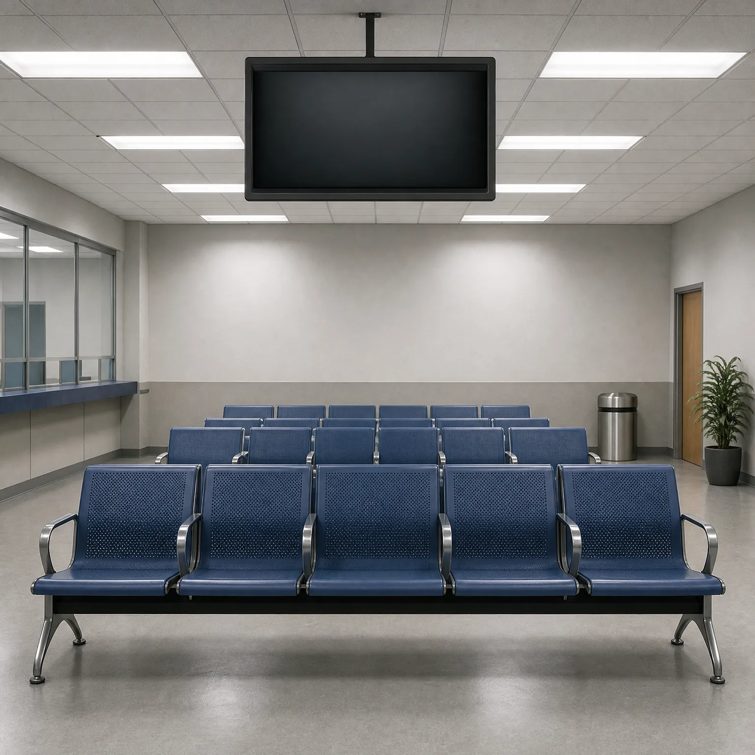 Empty indoor waiting area with rows of blue metal beam seating facing a blank ceiling-mounted flat screen, with a reception window at left, a metal trash can and potted plant at right.