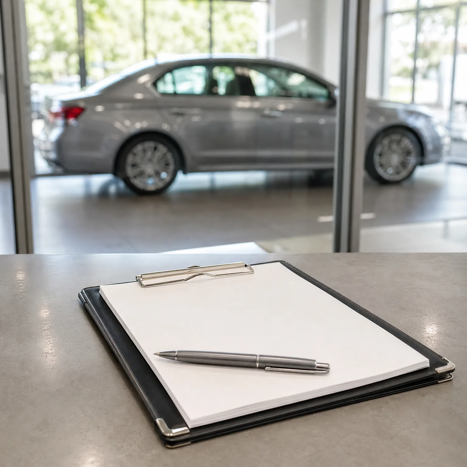A clipboard with blank white paper and a silver pen rests on a gray counter, with a silver sedan parked behind a glass wall blurred in the background.