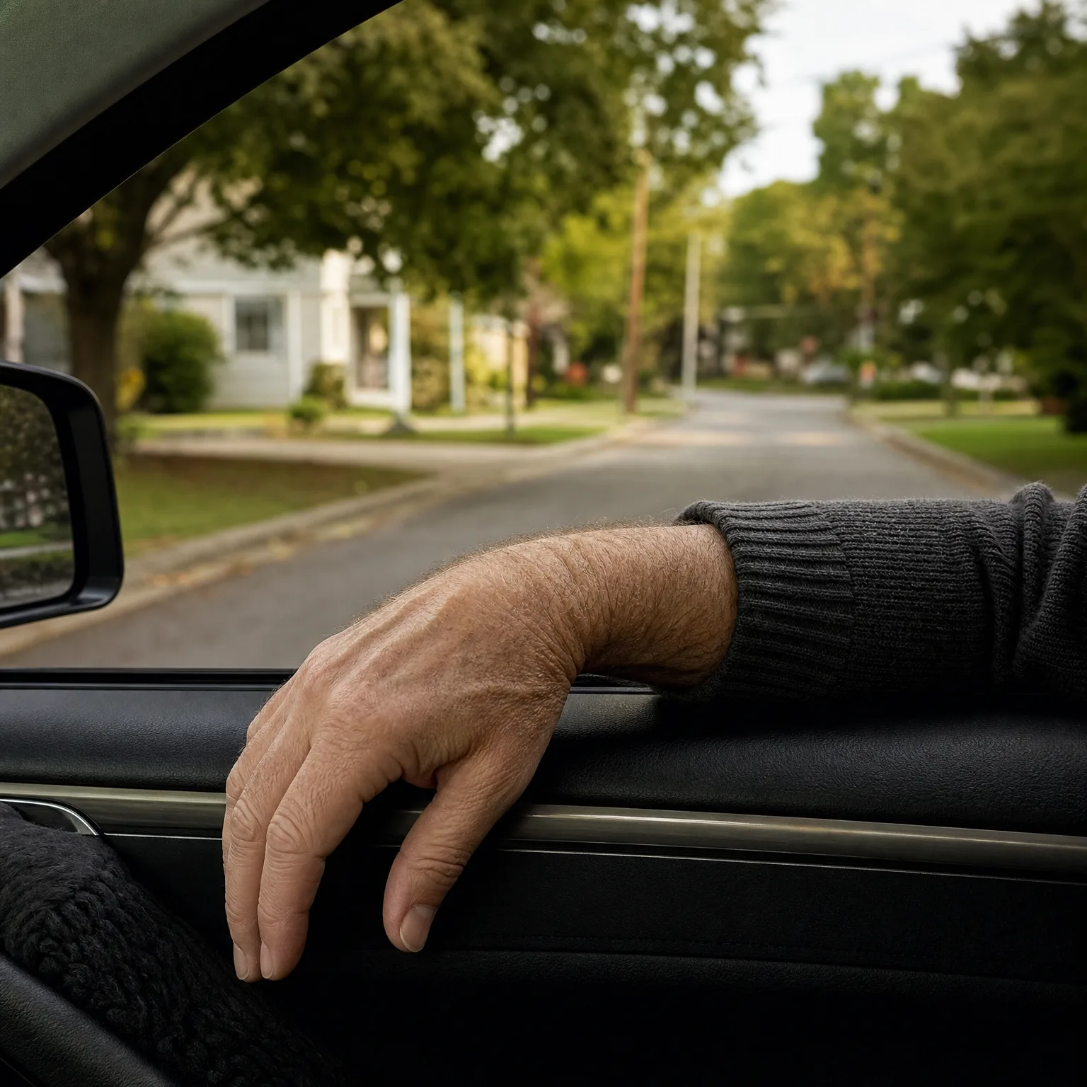 View from inside a car of a person's hand and dark knit sweater sleeve resting on the open window frame, with a tree-lined residential street and houses blurred in the background.