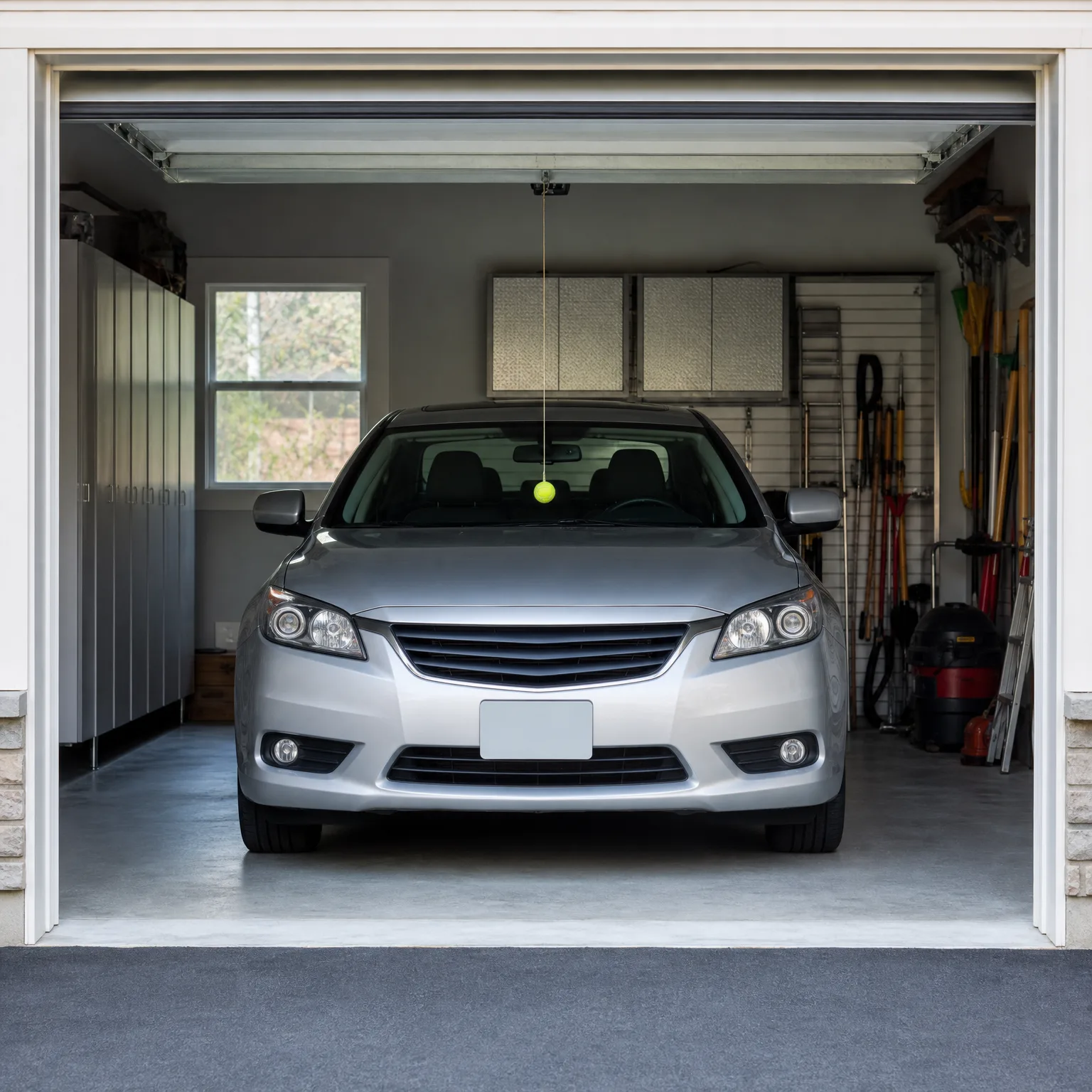 A silver sedan parked inside an open single-car garage with cabinets, wall-mounted tools, a shop vacuum, and a tennis ball hanging from the ceiling.