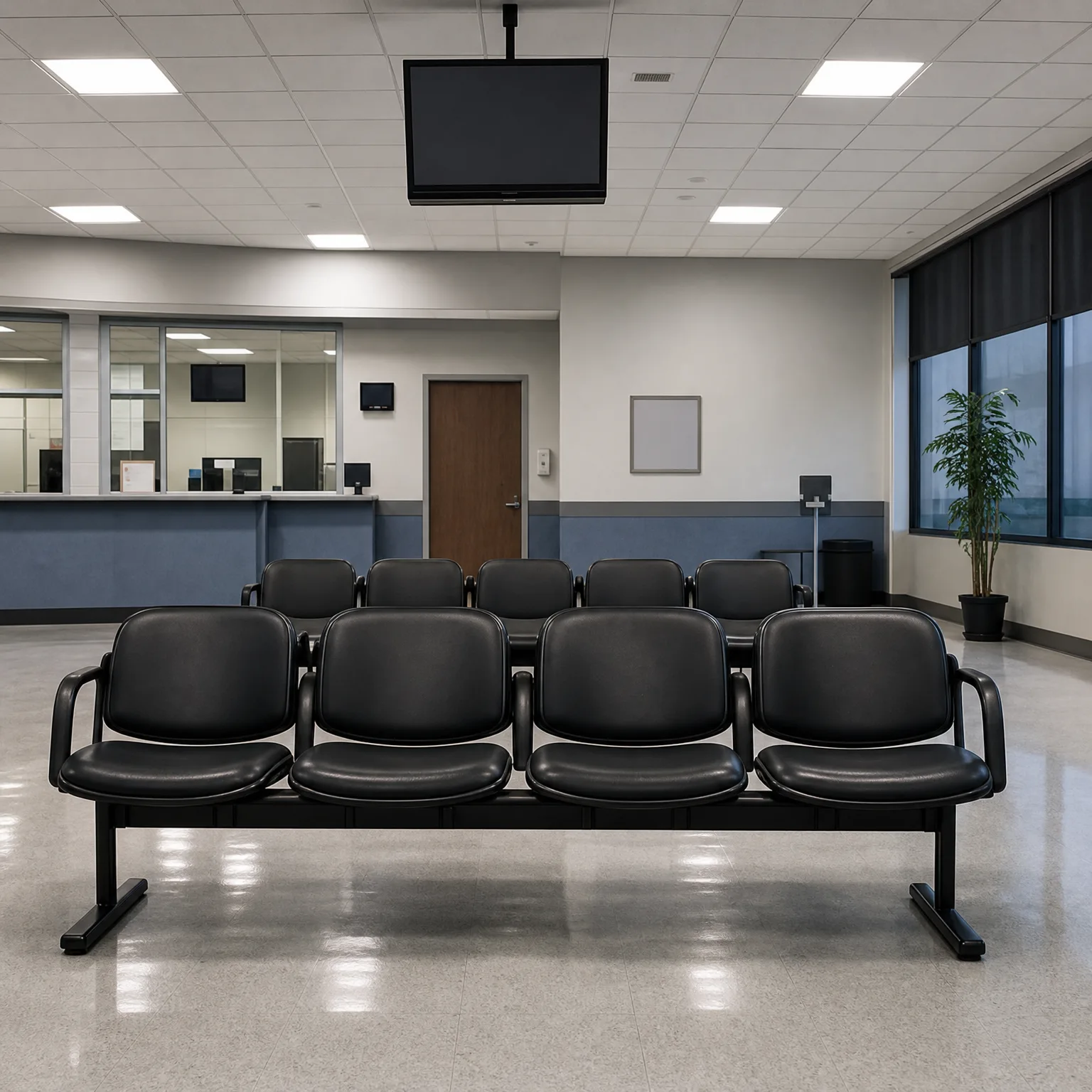 Empty waiting room with two rows of black vinyl beam seating on a polished speckled floor, a ceiling-mounted flat screen, a reception counter with glass partition, a wooden door, and a potted plant beside tall windows.