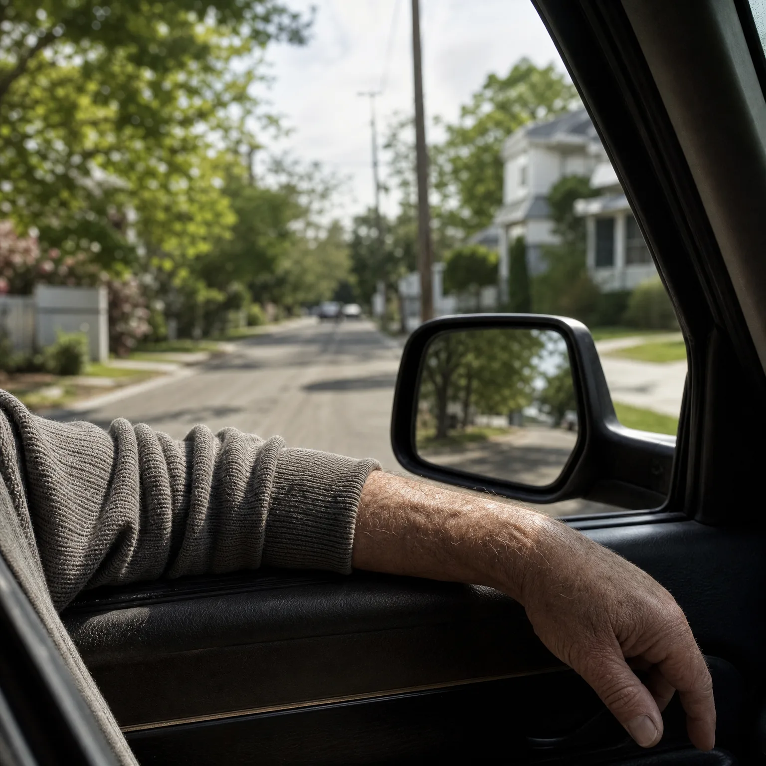 View from inside a vehicle of a person's arm in a gray knit sweater resting on the open window sill, with a side mirror, a tree-lined residential street and a white house visible ahead.