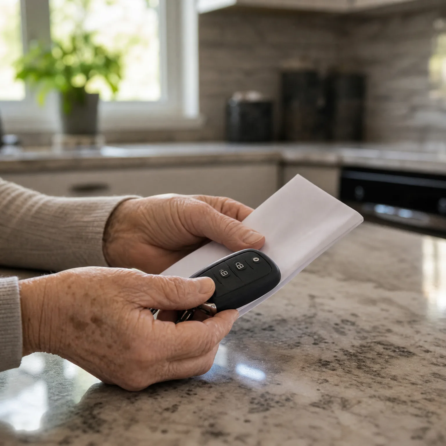 Close-up of an older person's hands holding a black car key fob and a white envelope over a speckled granite kitchen countertop, with a window and cabinets blurred in the background.