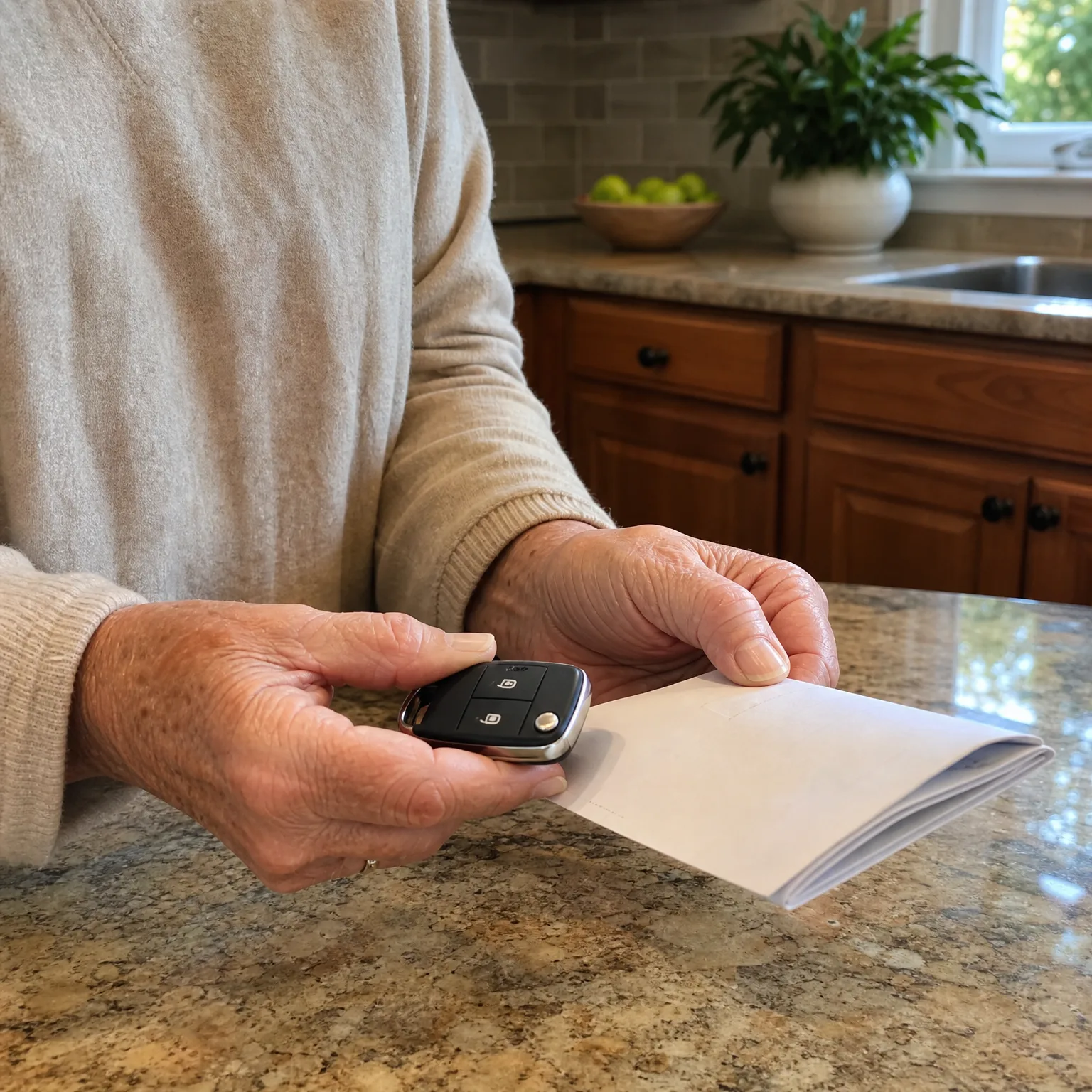 A person in a beige sweater holds a black car key fob over a granite kitchen counter beside a folded white paper, with wooden cabinets, a bowl of green fruit, and a potted plant in the background.