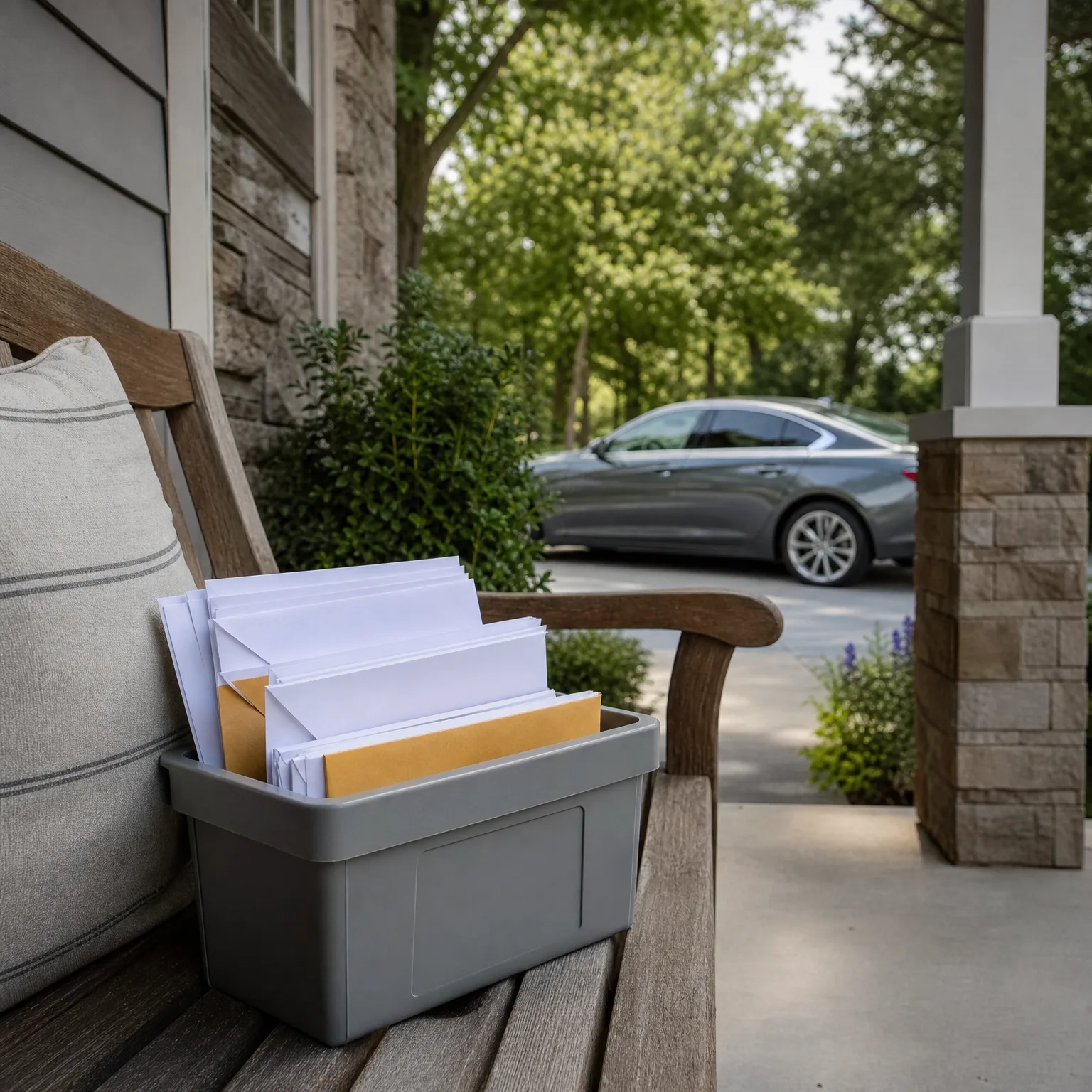 A gray plastic bin filled with white and manila envelopes sits on a weathered wooden bench with a striped cushion on a covered porch, with a gray sedan parked in a driveway beyond.