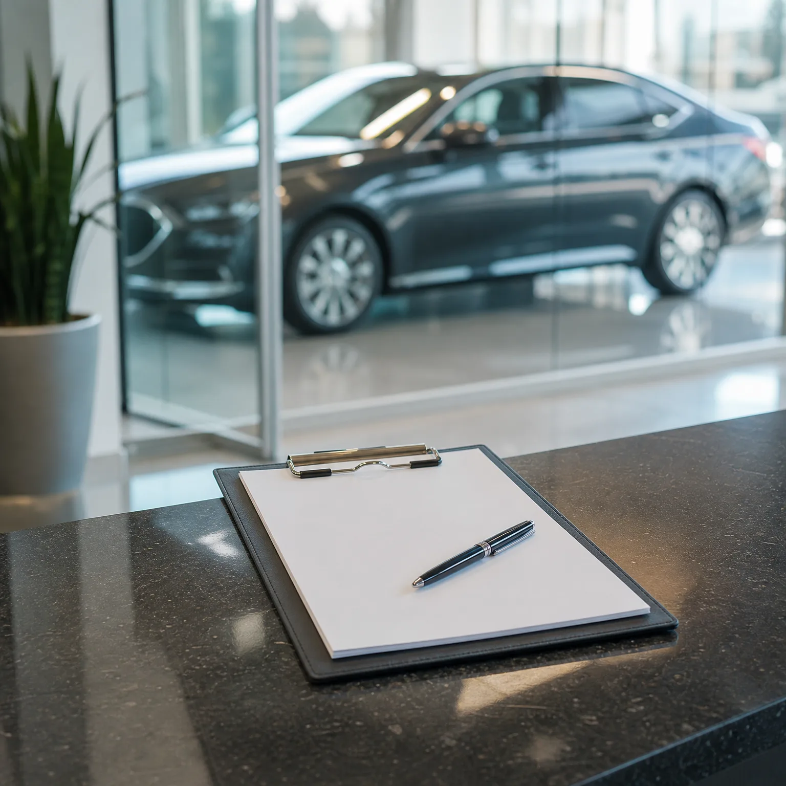 A clipboard with a blank sheet of paper and a black pen rests on a dark speckled counter, with a dark sedan parked behind a glass wall in the blurred background.