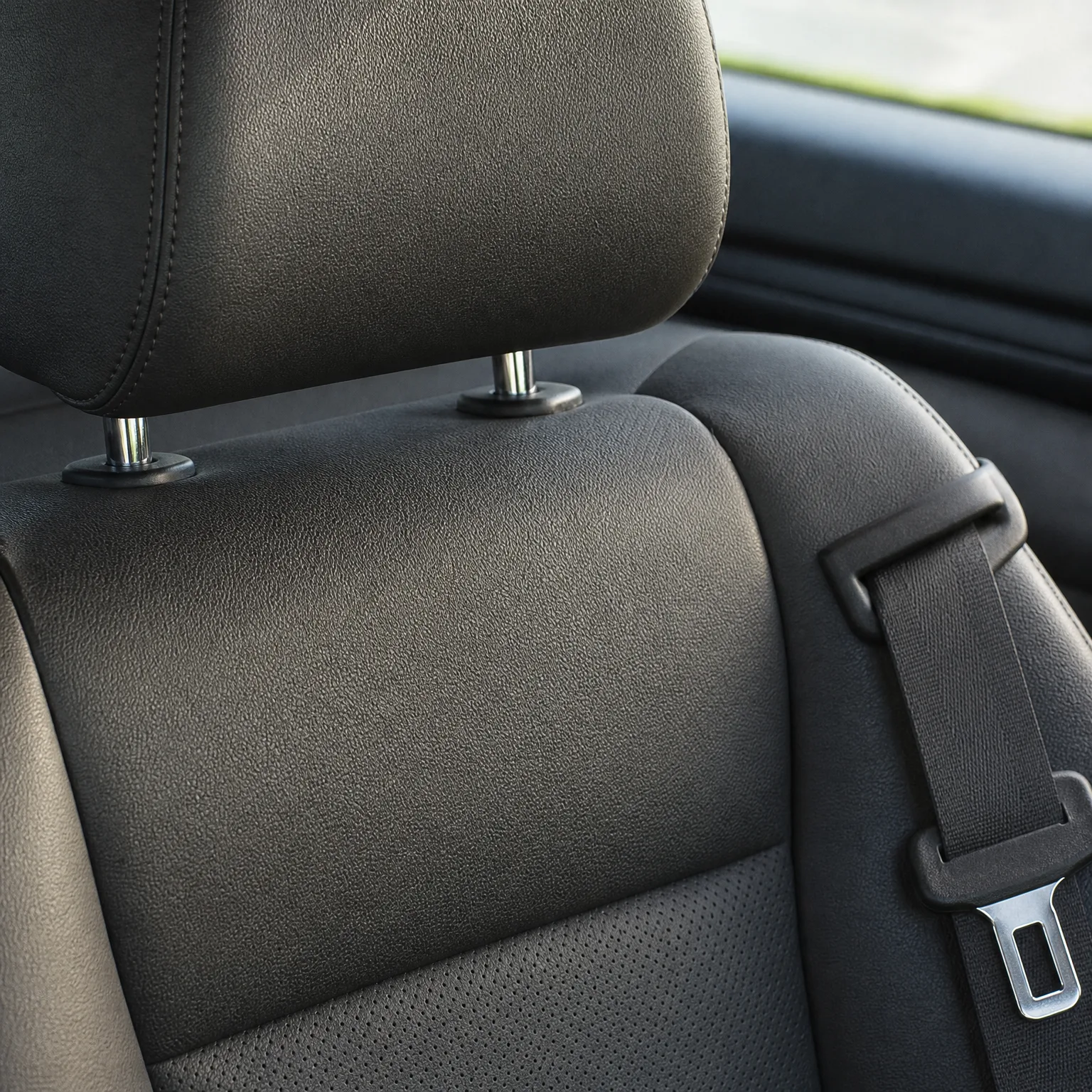 Close-up of black leather car seat backs with a headrest on metal posts and a seat belt with buckle tongue on the right.