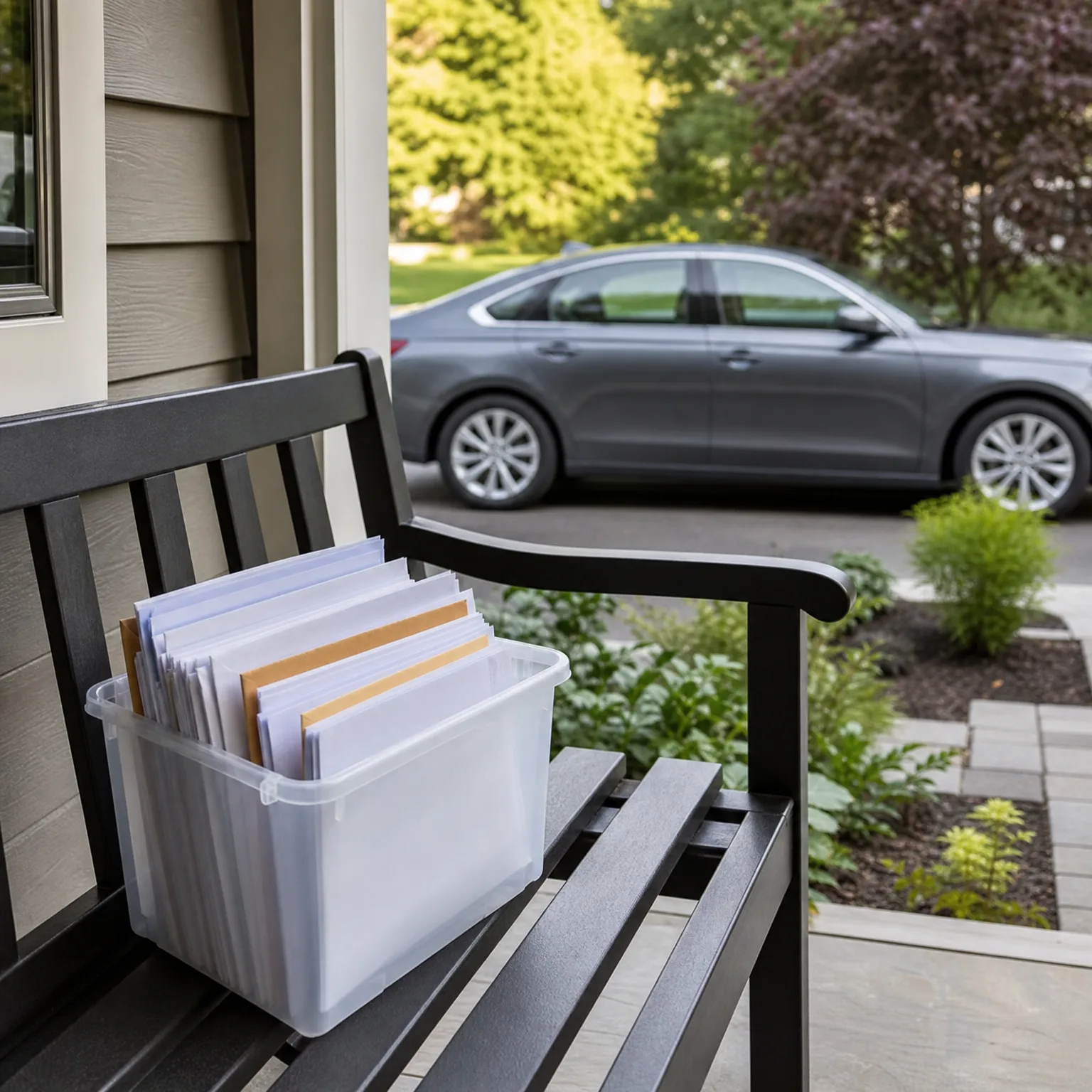A clear plastic bin filled with upright white and manila envelopes sits on a black slatted bench on a covered porch, with a gray sedan parked in a driveway and green shrubs in the background.