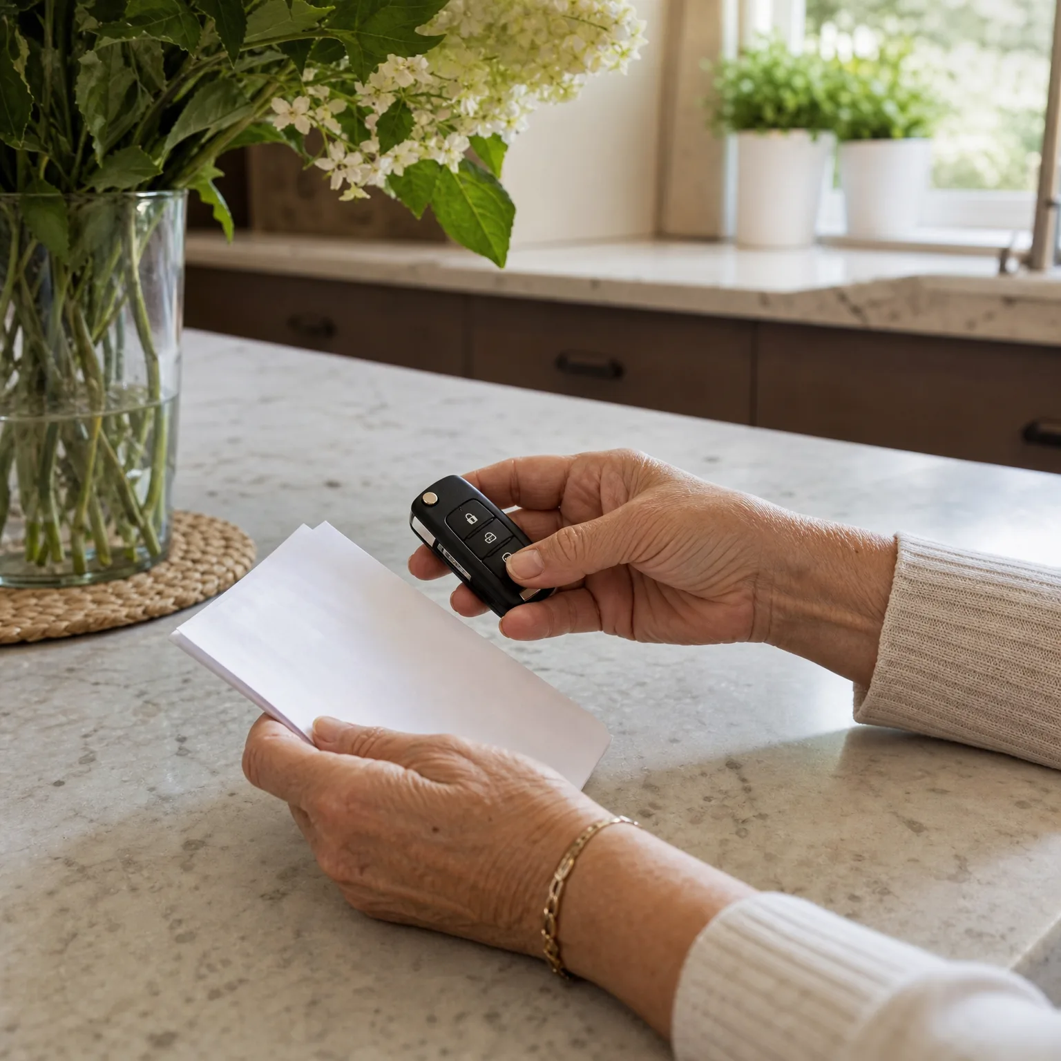A person's hands at a stone kitchen counter, holding a black car key fob in one hand and a blank white envelope or paper in the other, with a vase of white flowers nearby.
