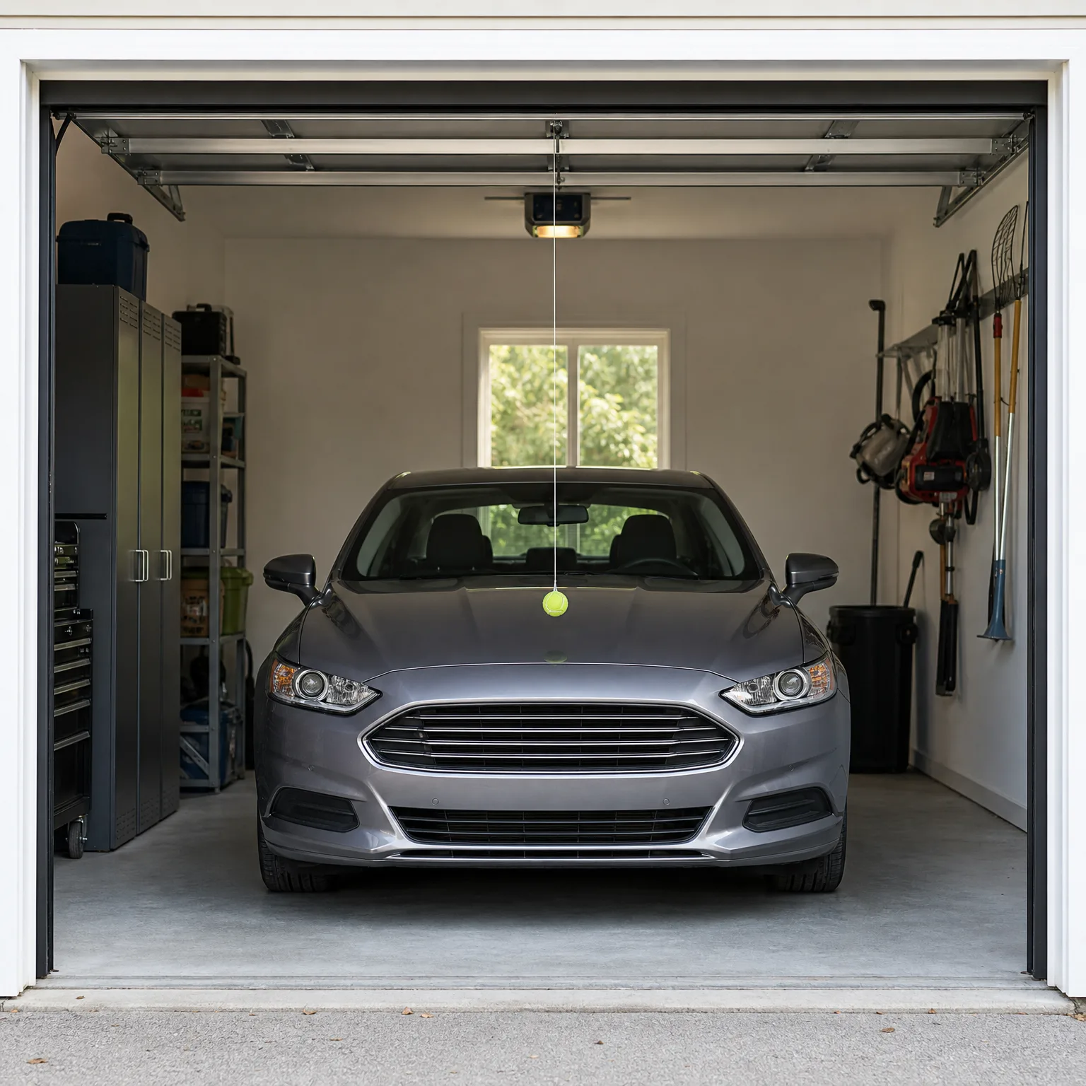 A silver sedan parked inside a single-car garage with the door open, a tennis ball hanging on a string from the ceiling opener, storage cabinets and shelves on the left, and yard tools hanging on the right wall.