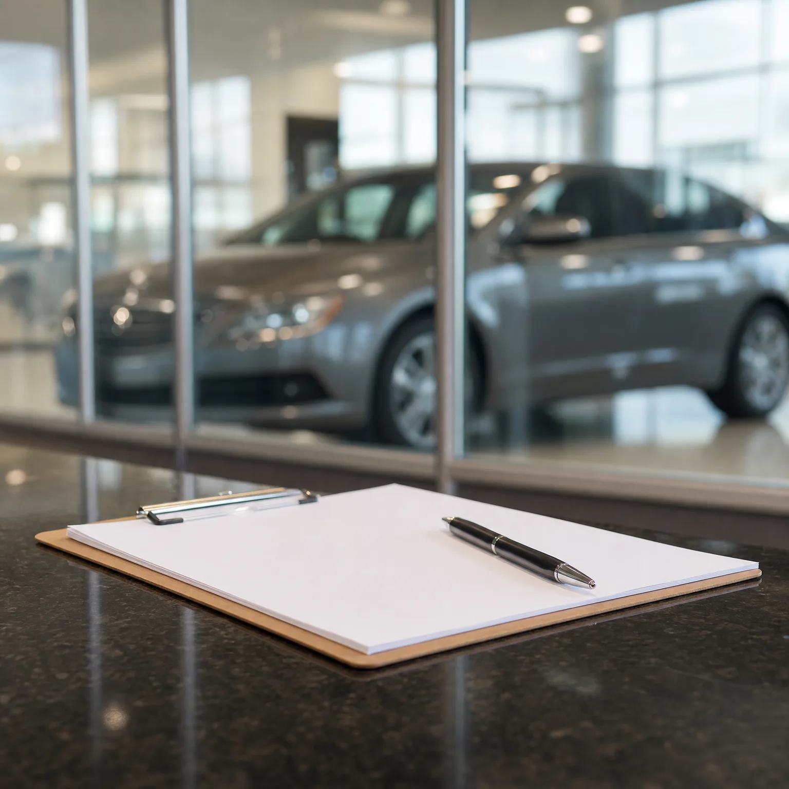 A clipboard with blank white paper and a black pen rests on a dark granite counter, with a silver sedan parked behind a glass wall in the blurred background.
