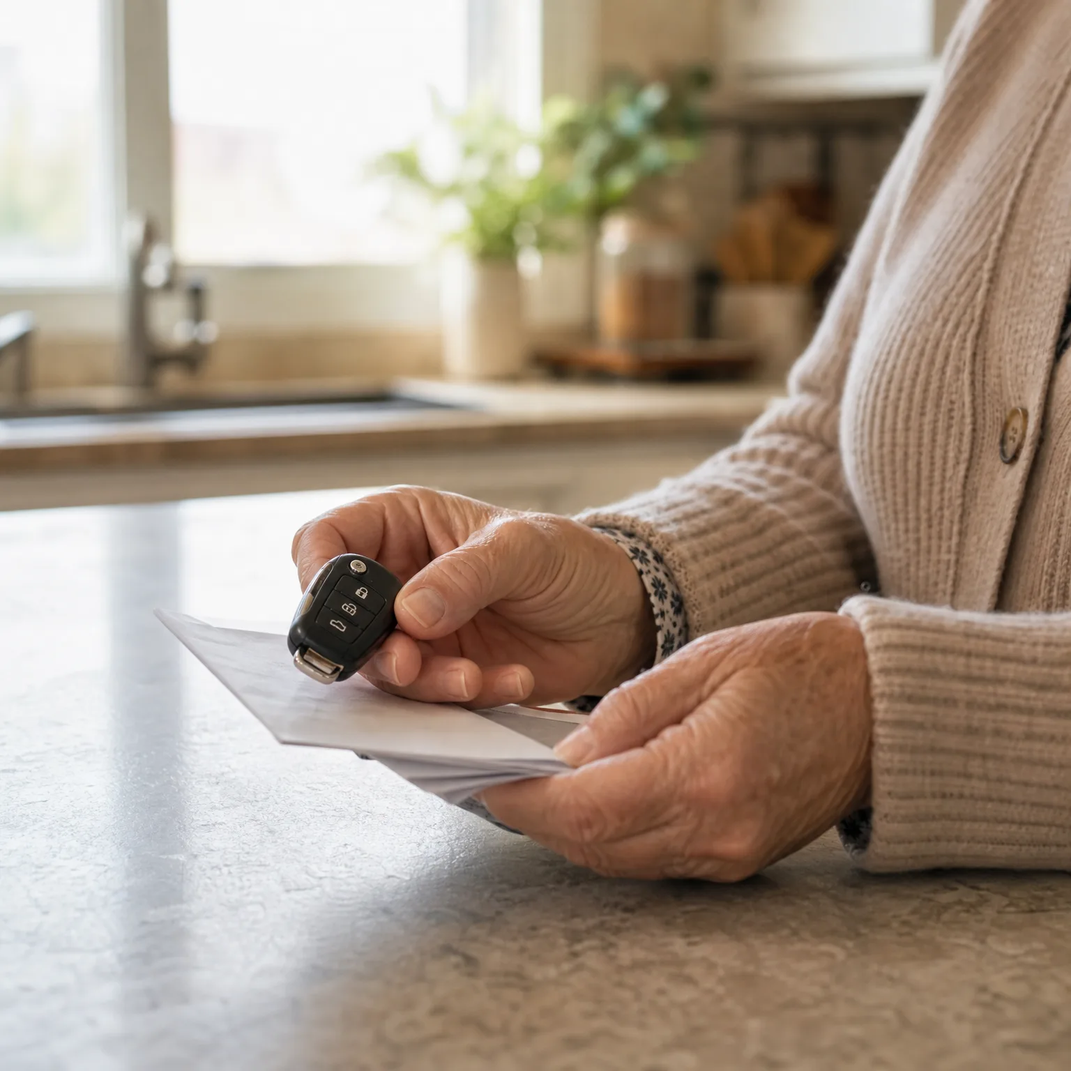 Close-up of an older person's hands at a kitchen counter, holding a car key fob above a folded white document.