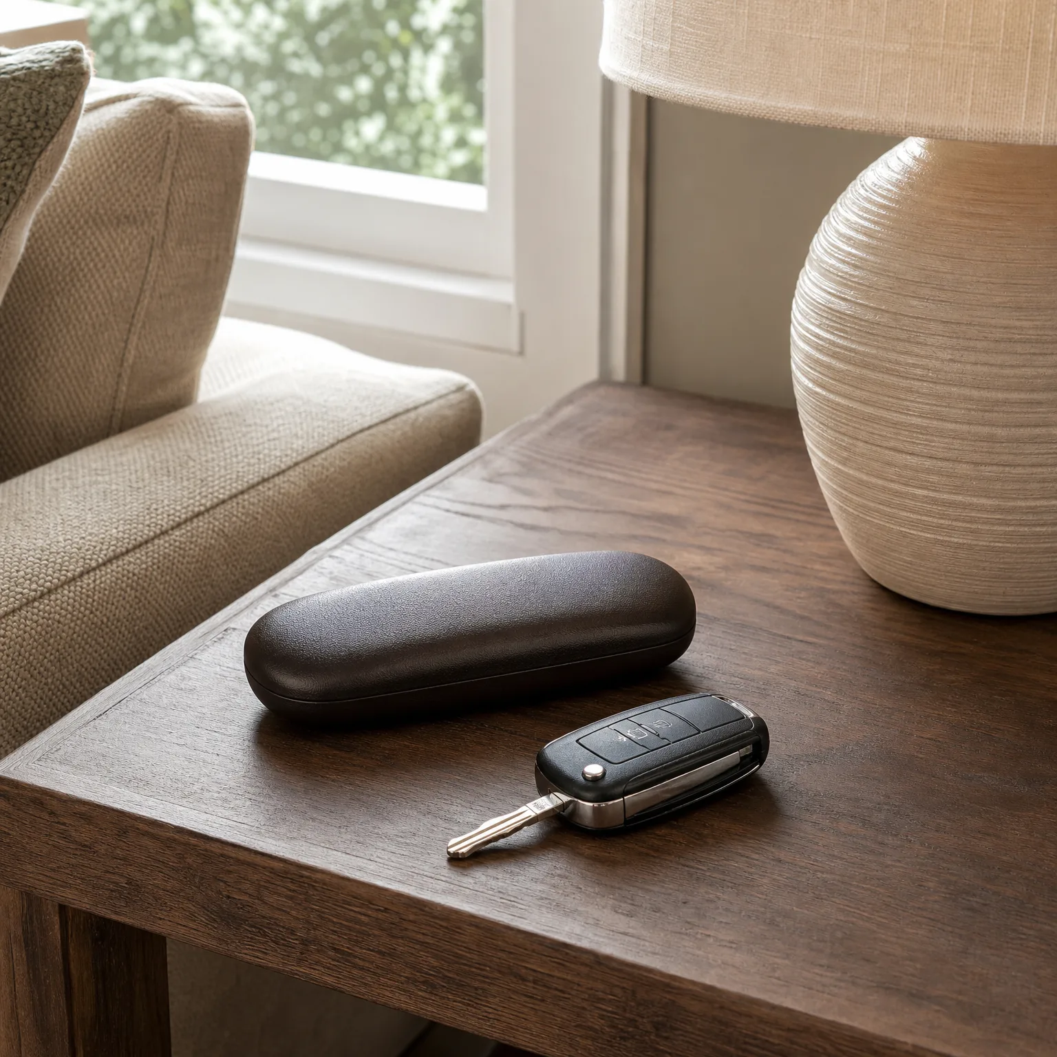 A dark eyeglass case and a folding car key fob rest on a wooden side table next to a ribbed ceramic lamp base, with an upholstered sofa and a window behind.