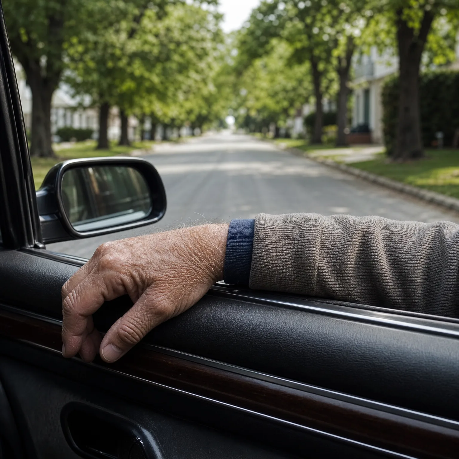 View from inside a car of a person's arm in a beige knit sweater resting on the open window sill, with a side mirror and a tree-lined residential street ahead.