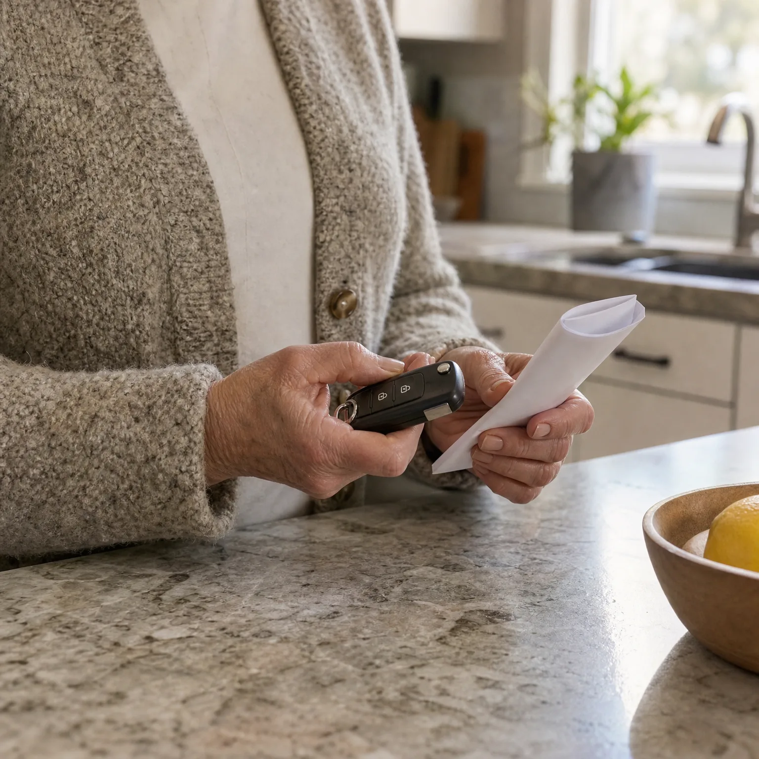 Close-up of an older person in a textured knit cardigan holding a car key fob and a folded white envelope over a granite kitchen counter, with a wooden fruit bowl and sink in the background.