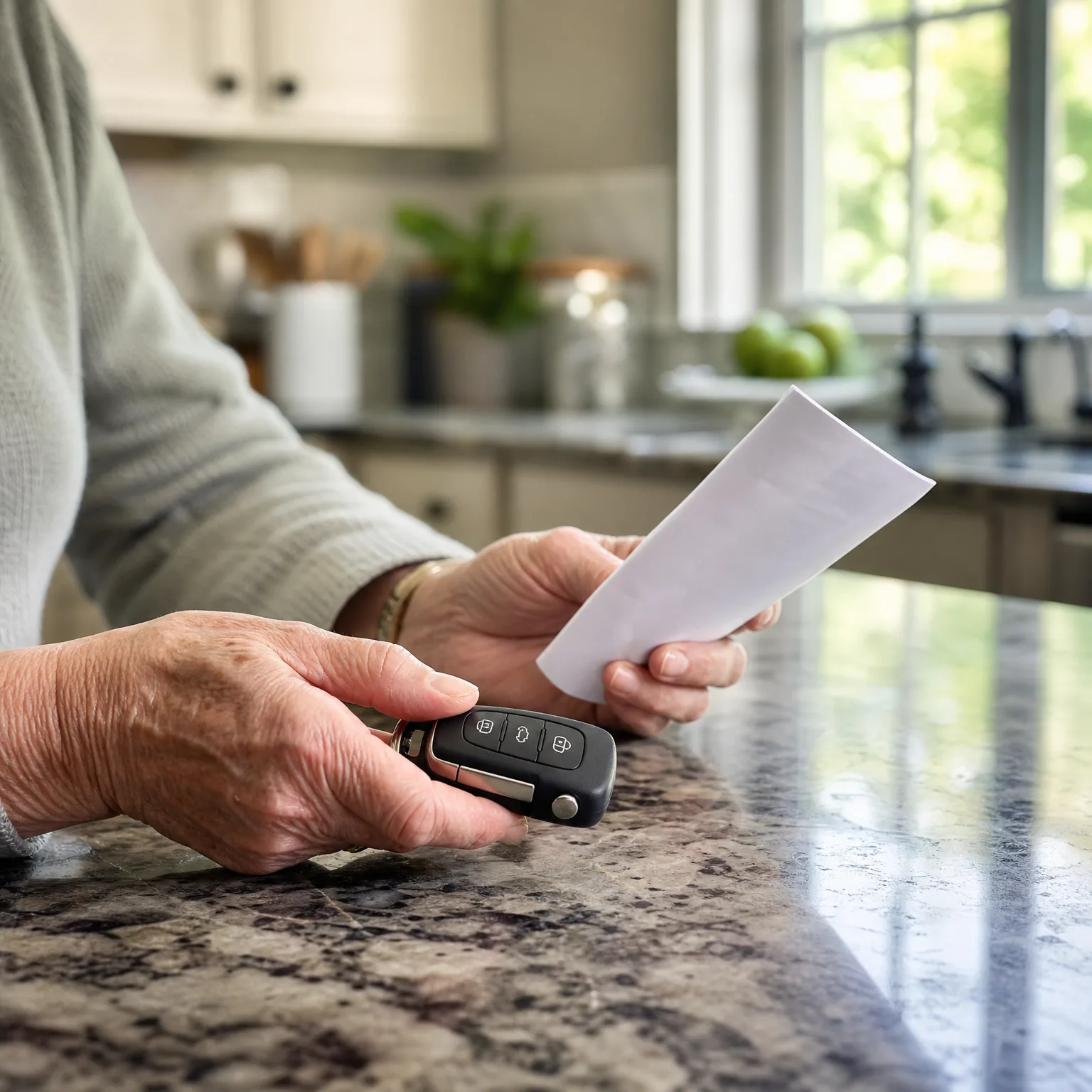 Close-up of an older person's hands at a granite kitchen counter, holding a black car key fob in one hand and a folded white sheet of paper in the other.
