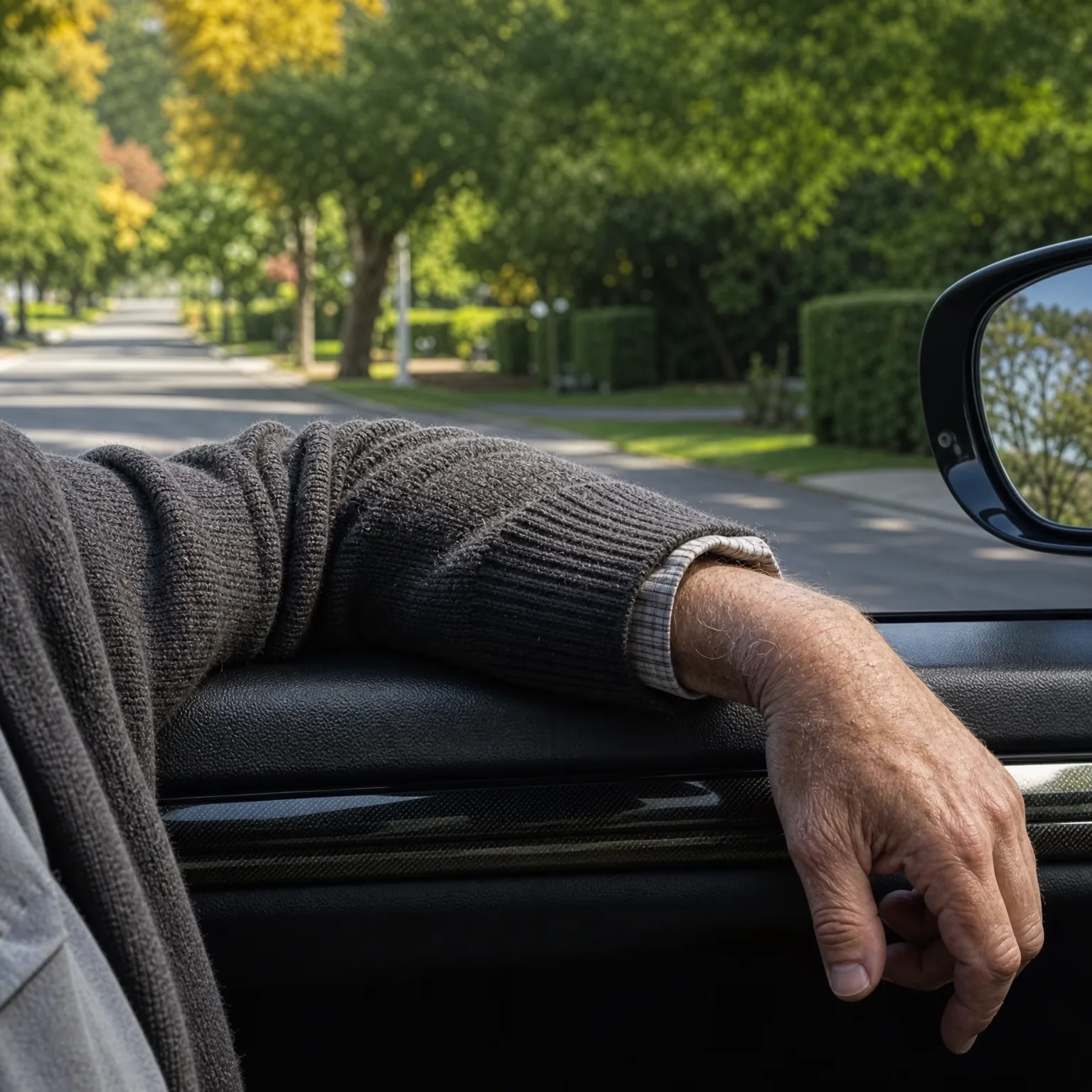 A person's arm in a dark knit sweater rests on the open window frame of a car door, with a side mirror at right and a tree-lined street with trimmed hedges in the background.