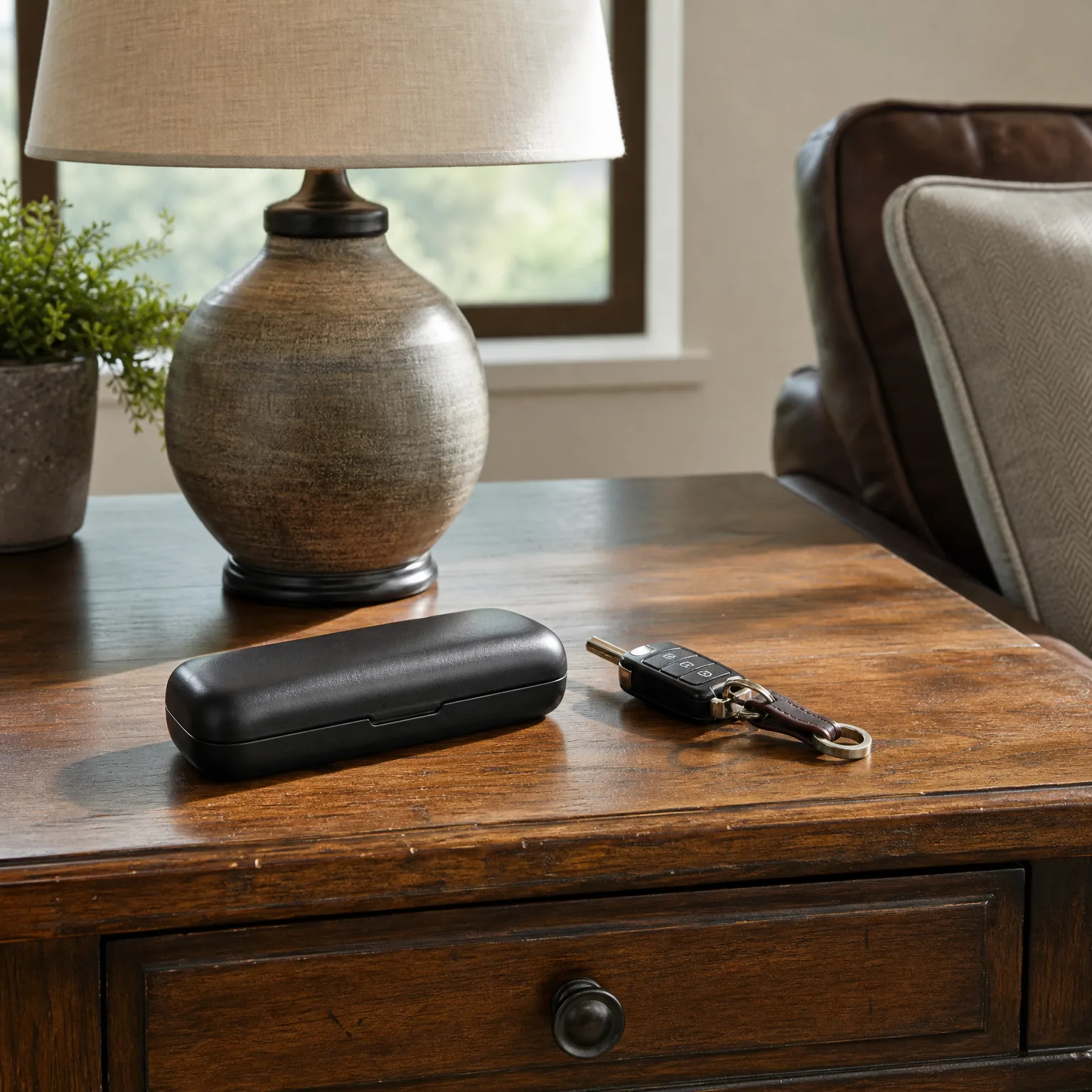 A black hard-shell eyeglass case and a folding car key with a leather keychain rest on a dark wooden side table beside a ceramic lamp base and a potted plant, with a leather sofa and window in the background.