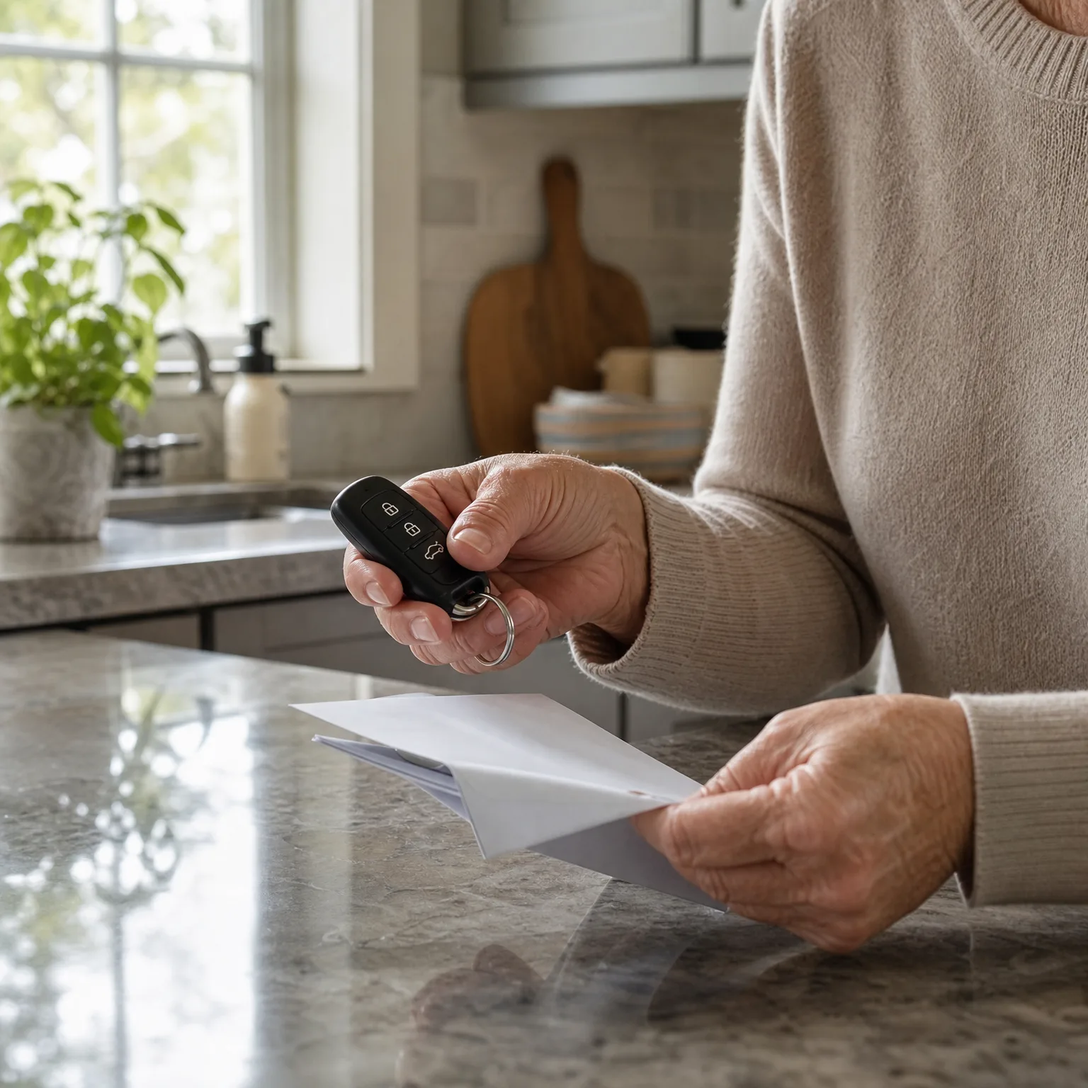 A person in a beige sweater holds a black car key fob in one hand and a white envelope or folded papers in the other at a granite kitchen counter, with a window, potted basil, sink, and cutting boards behind.