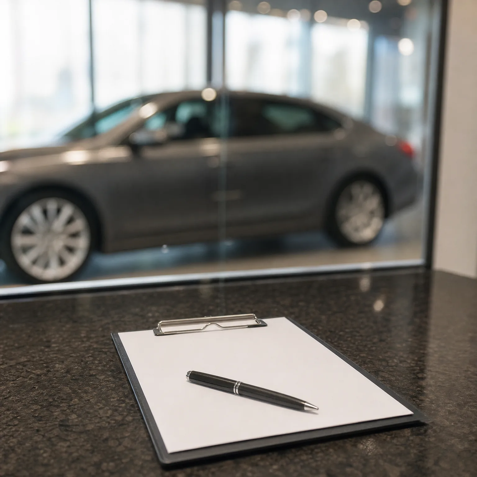 A clipboard with a blank sheet of paper and a black pen rests on a dark speckled countertop, with a gray sedan blurred behind a glass wall in the background.