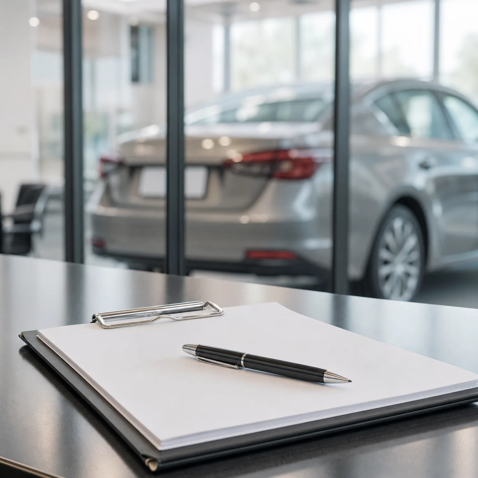 A clipboard with blank white paper and a black pen rests on a dark desk, with a silver sedan blurred behind a glass wall in the background.